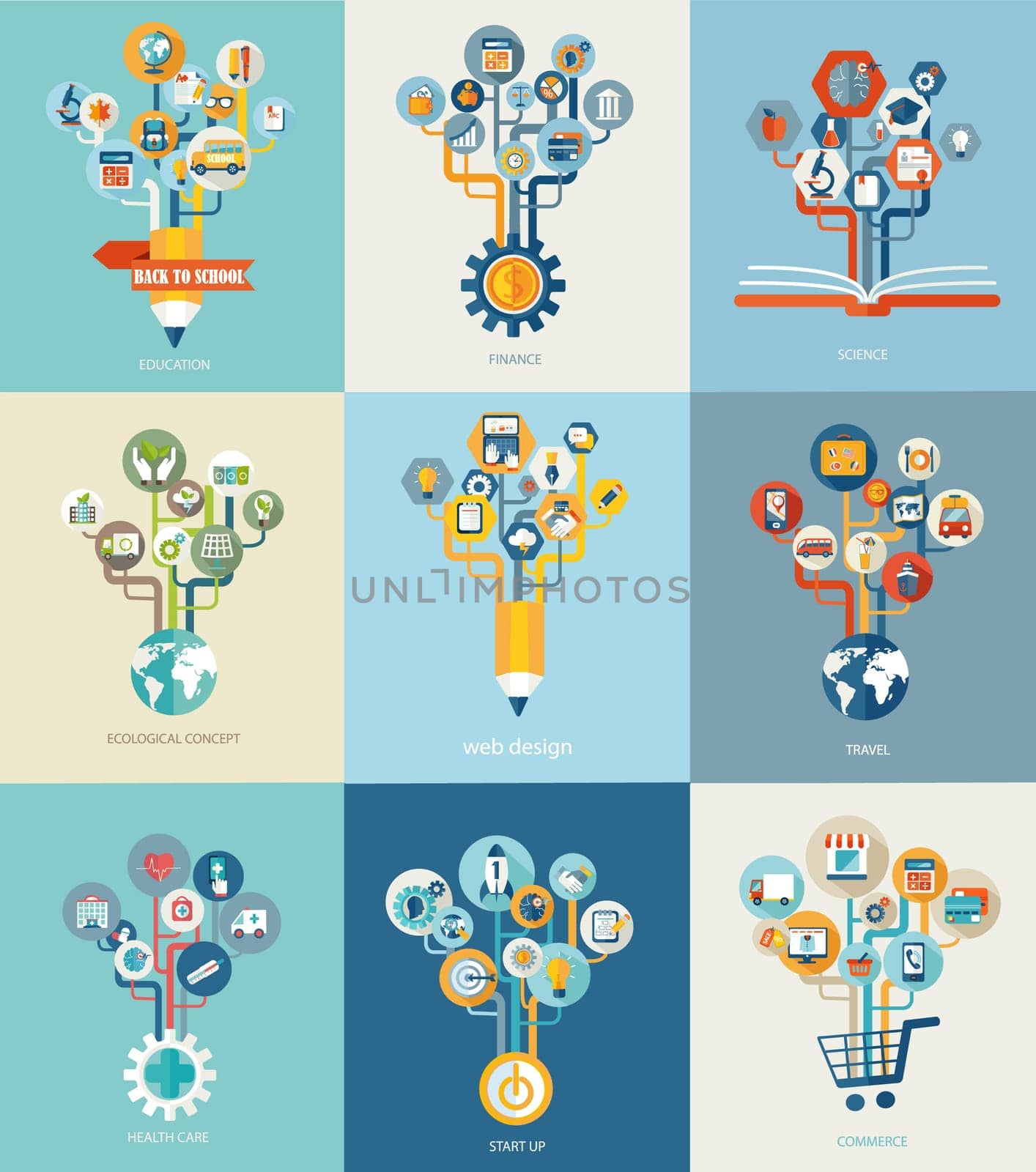 Abstract trees with icons for web design, concept of travel, finance, medical, ecology, start up, commerce,education and science, icons and sign in flat style.