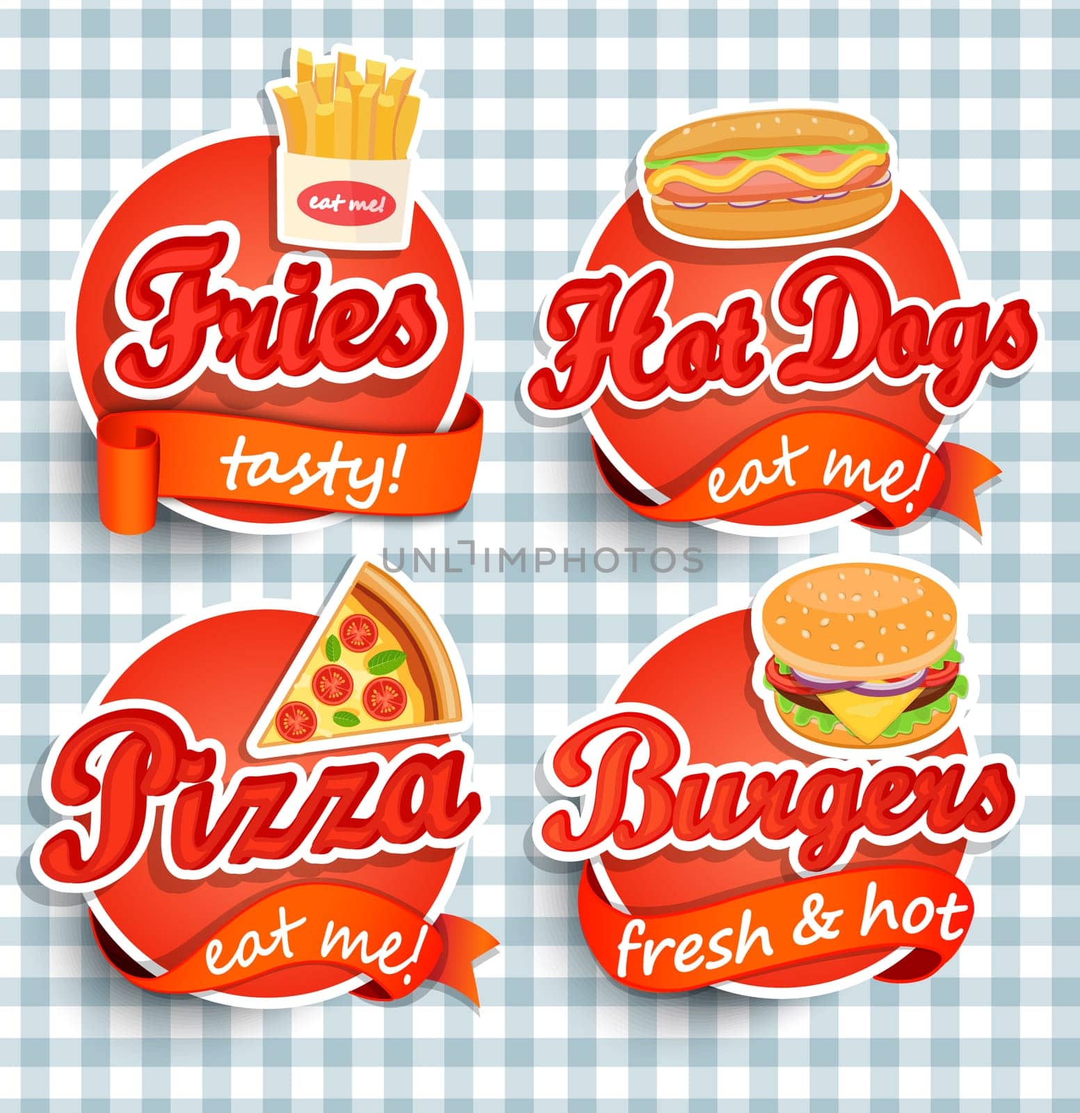 Fast food Label or Sticer - burgers, pizza, hot dog, fries - Design Template. Vector illustration.