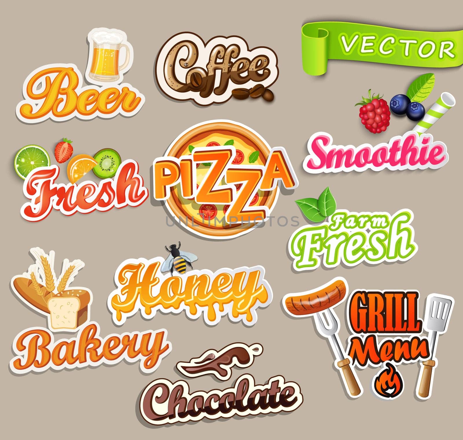 Set of stickers of food - farm fresh and pizza, fresh juice and grill, beer and bakery, chocolate and coffee, smoothie and honey.