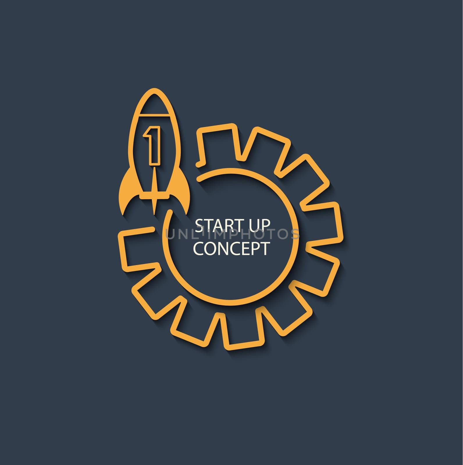Vector startup concept in flat style - signs and banner - new business. Yellow stylish linear icon with shadow on dark gray background, vector.