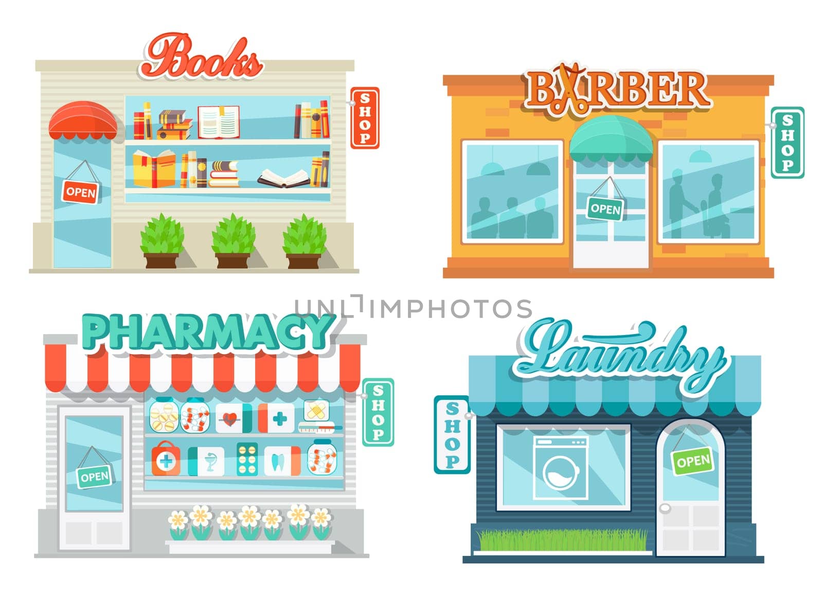 Shops and stores icons set in flat design style. Laundry, shop book, pharmacy and barbershop. Vector illustration