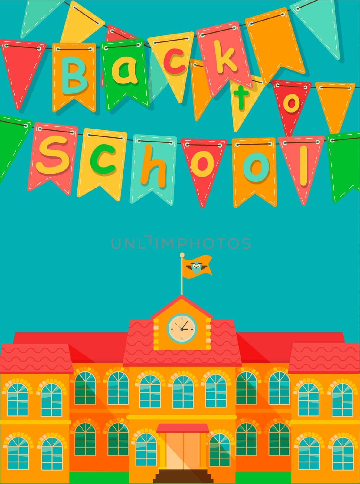 Back to school - vector flat illustrstion with flag and building.