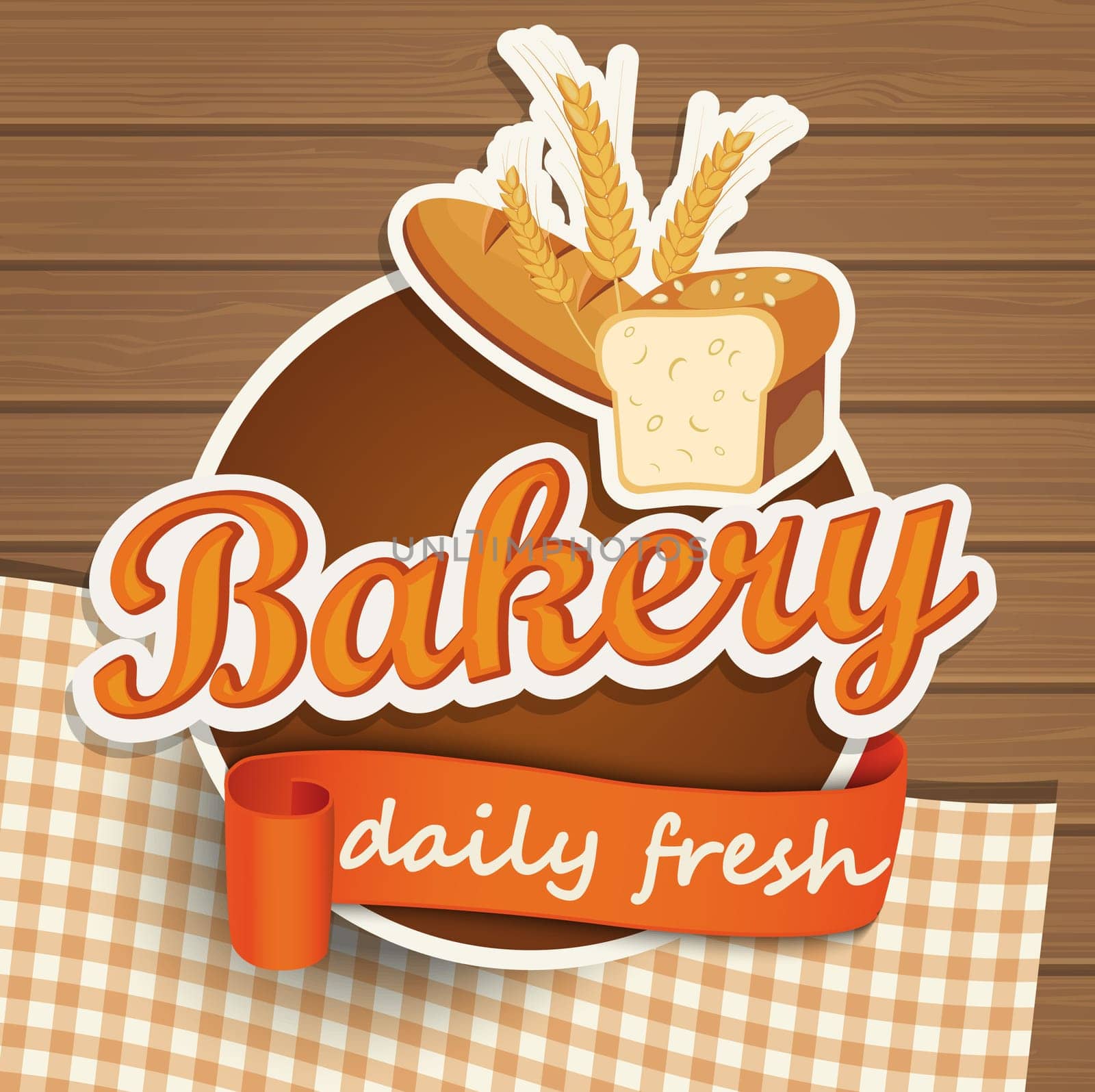 Bakery vintage bread sticer with ribbon and wooden background, vector illustration.