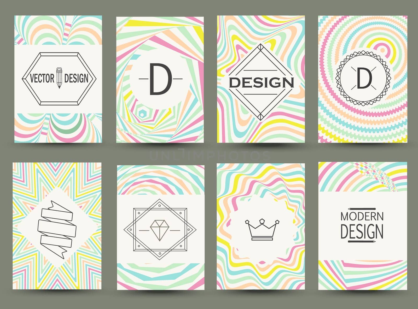 Set of modern flyer pages. Logos and Identity Elements, Labels and Badges, Frames and Backgrounds.