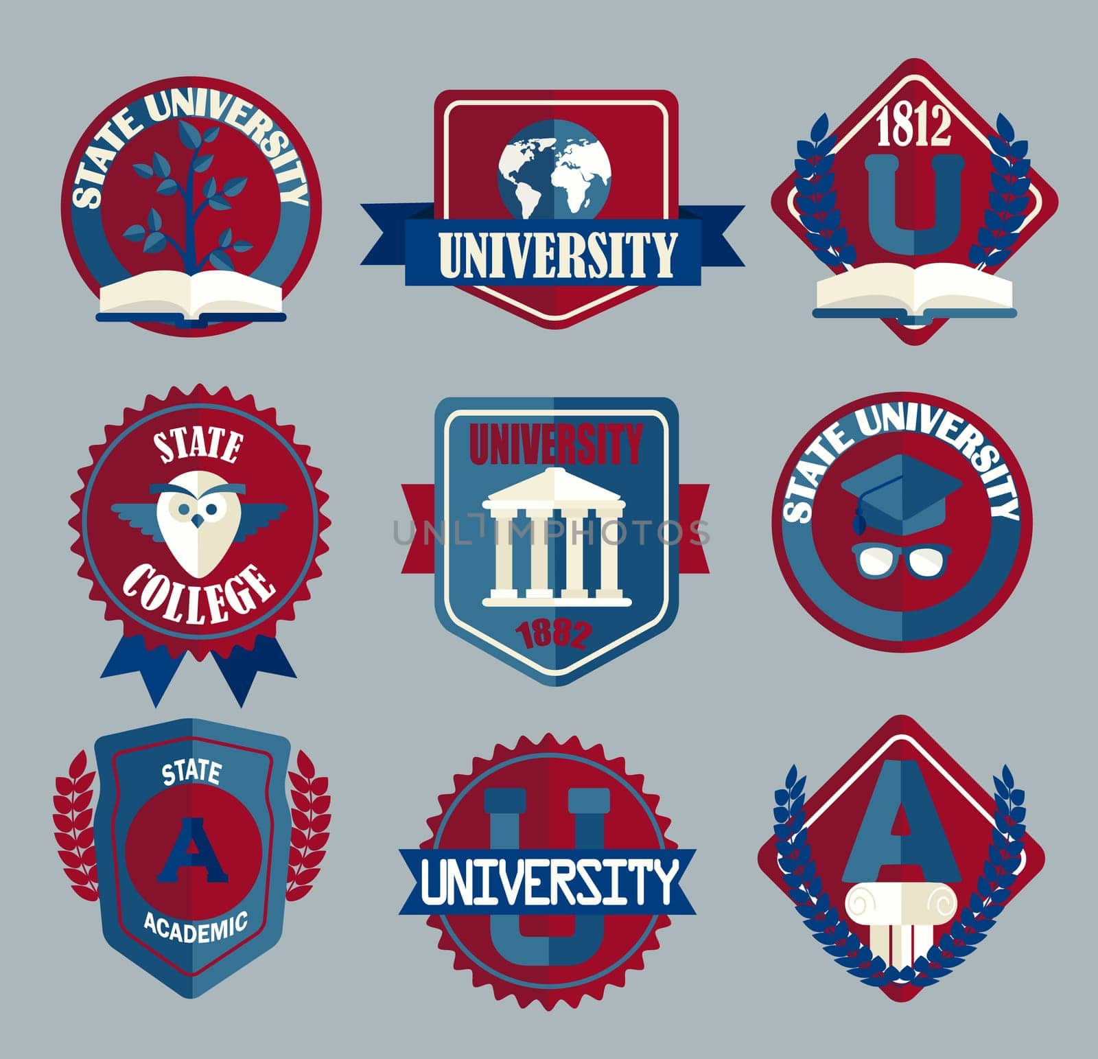Vector set of university and college school badges in flat style.