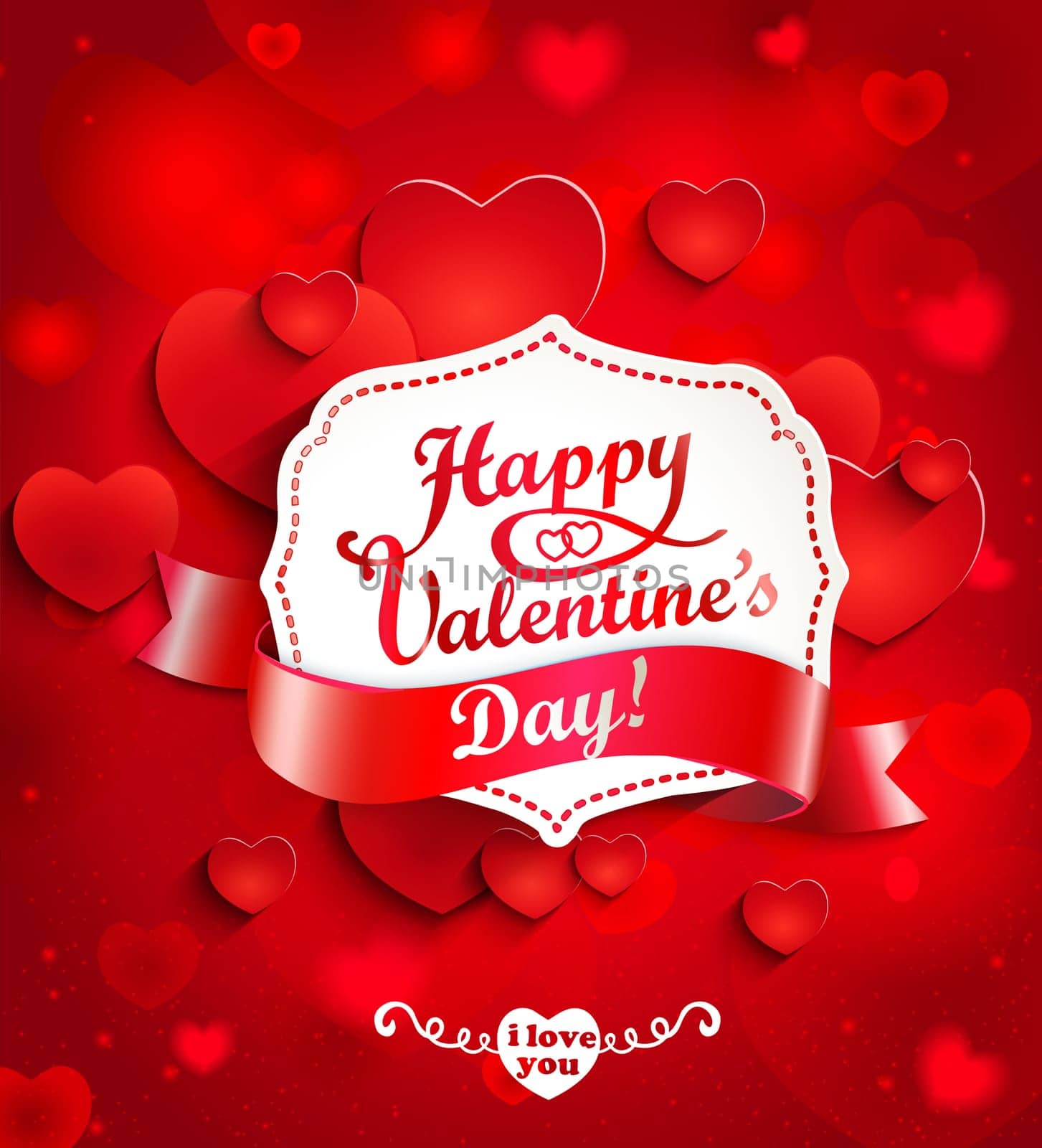 Valentines day background with hearts and vintage frame and ribbon for text in paper style