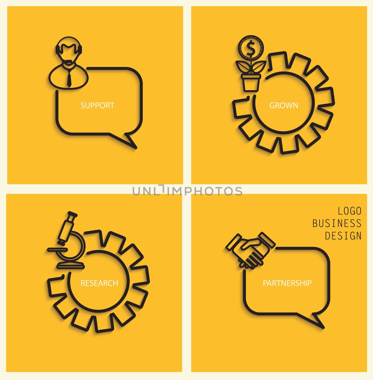 Vector support, business grown, research, partnership in flat style - signs and banner. Gray stylish linear icons with shadow on dark yellow background, vector.