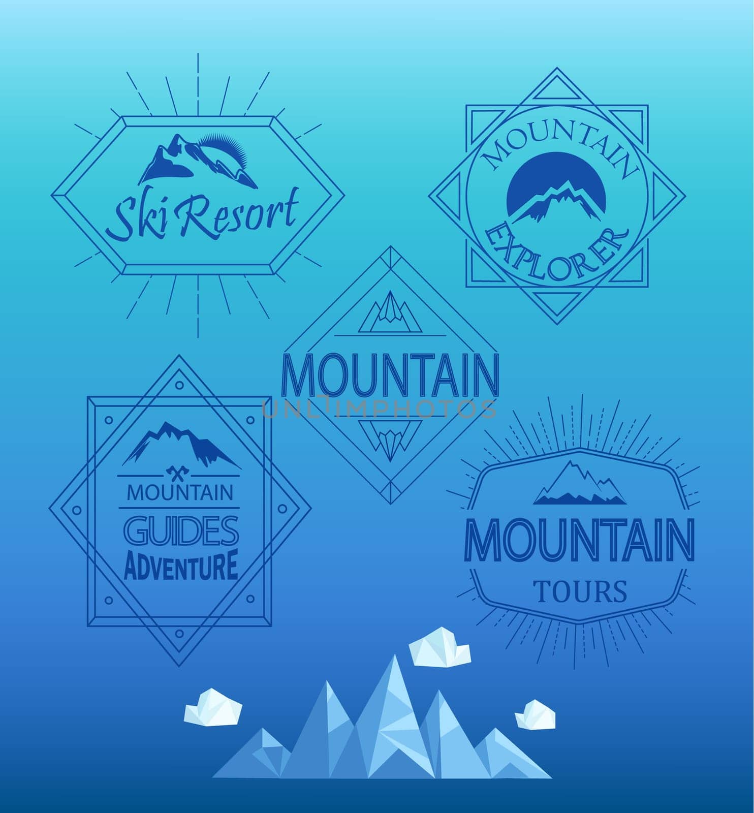 Vector mountain logos and emblems in outline style. Set of Retro Vintage Insignias and Logotypes. Labels, Badges, Frames and Other Design Elements.