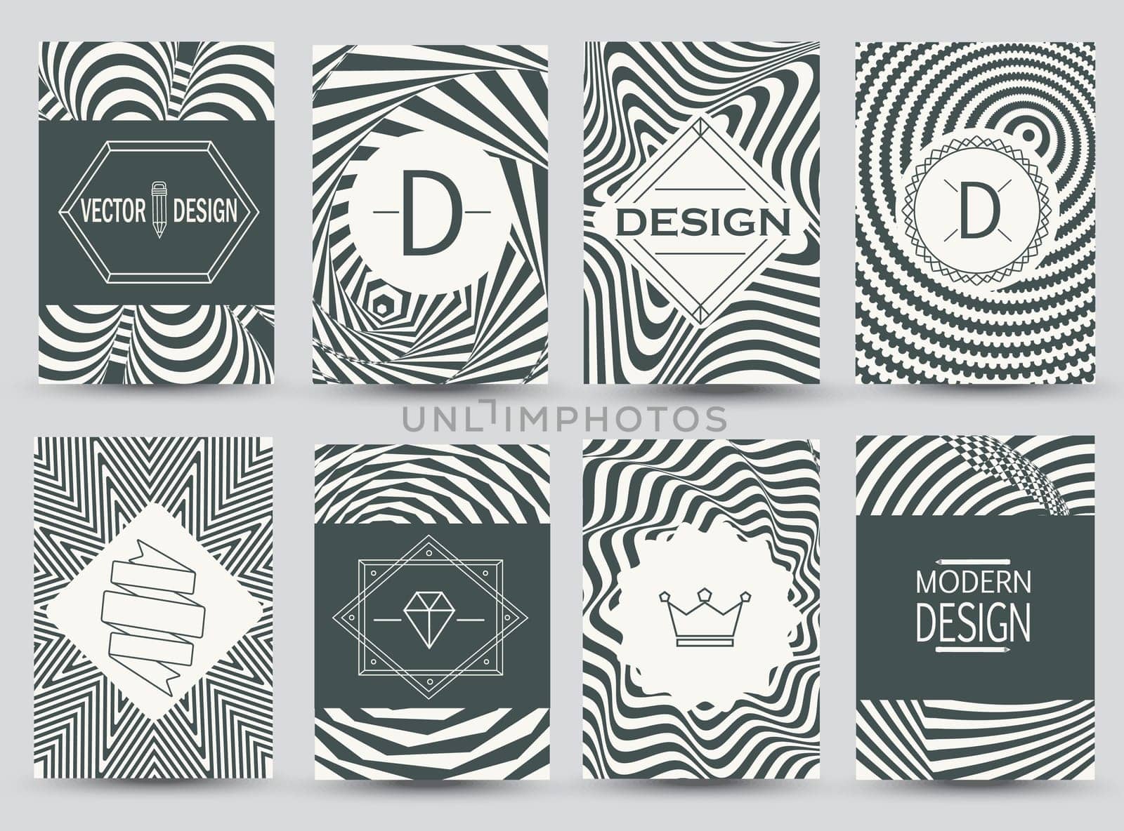 Set of monochrome flyer pages. Business Signs and Logos, Identity Elements and Labels, Badges and Frames, backgrounds.