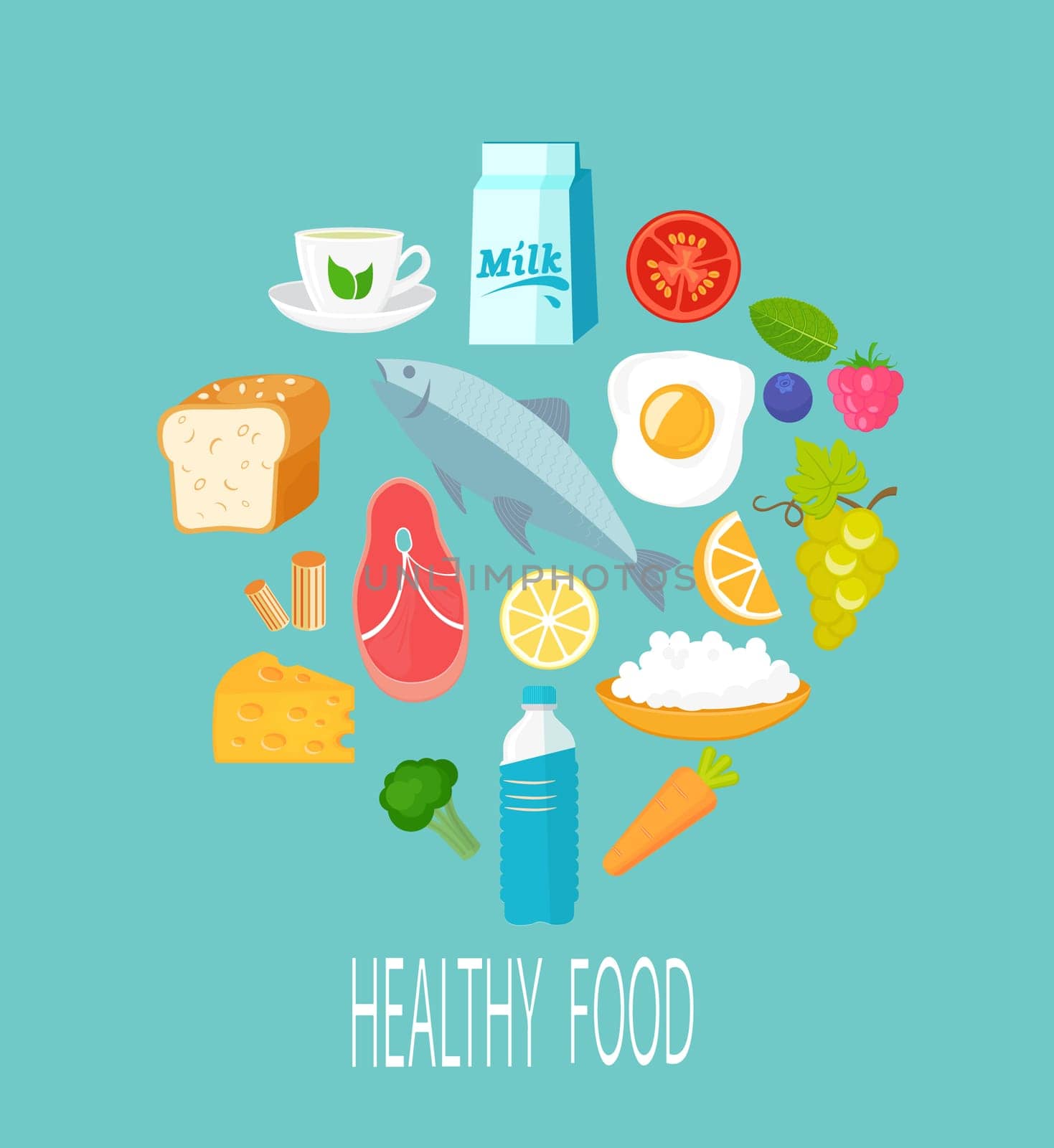 Natural food, vector illustration set in flat style.