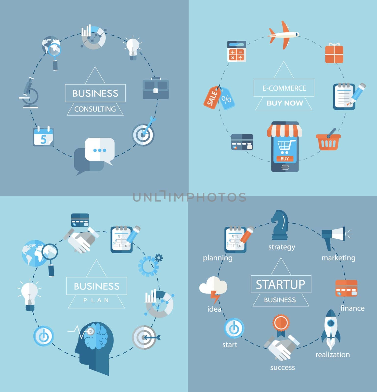 Flat design modern vector illustration infographics, Vector web design concept - business, commerce, planing, consulting - icons and sign in flat style.
