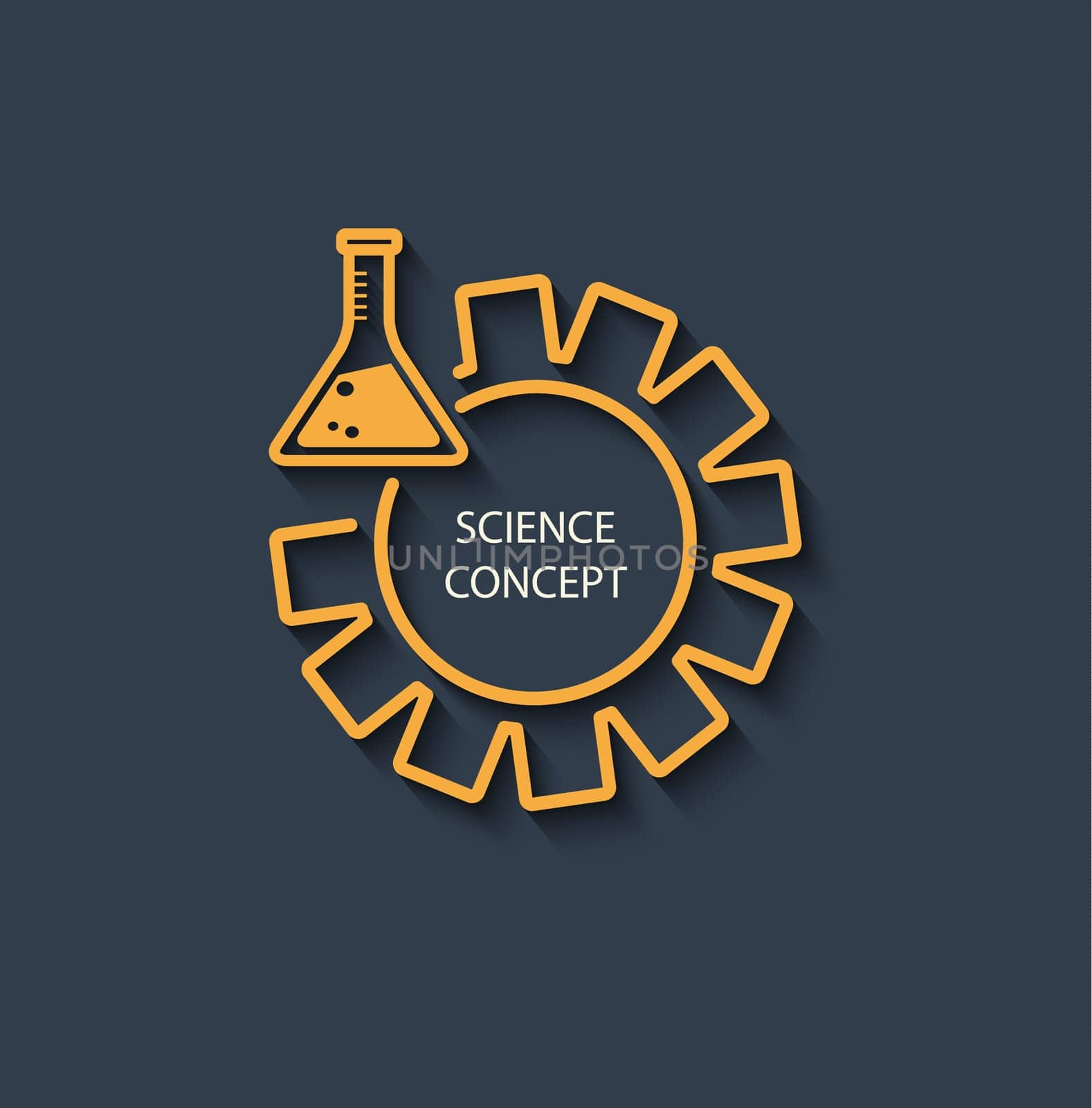 Icon for a science concept. Logo science - the yellow test tube with a gear on a dark gray background, flat design.