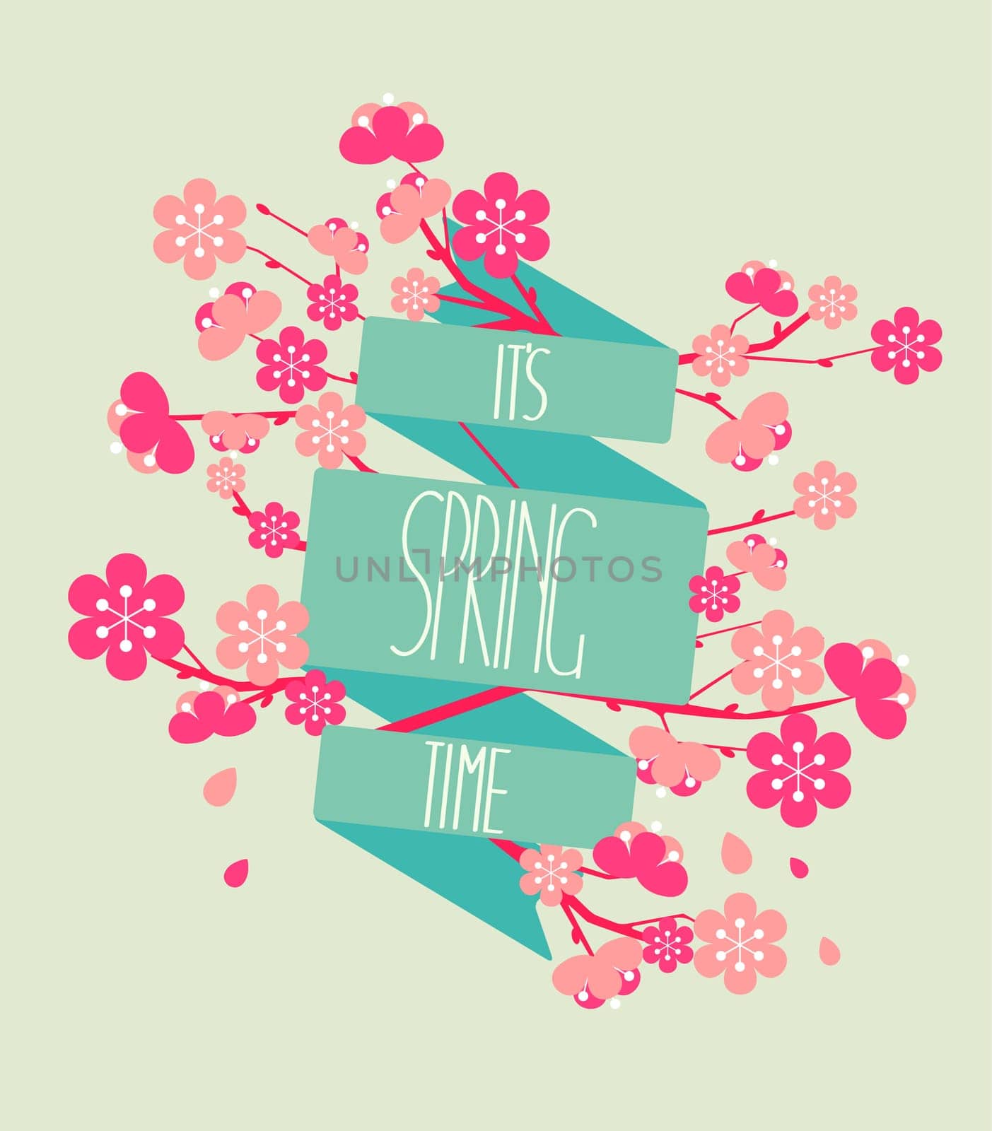 Vector illustration - spring season - cherry blossoms on a background of vintage ribbon with the inscription Spring is coming.