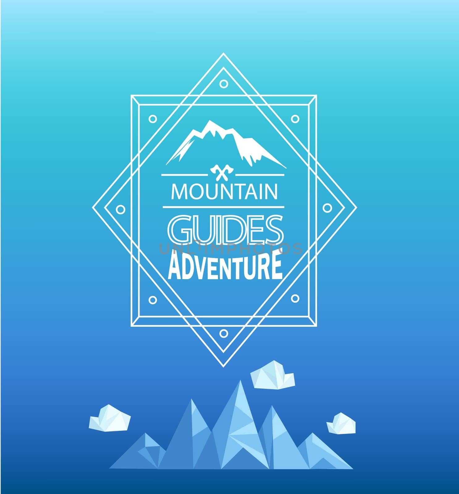Vector mountain emblem in outline style. Geometric crystal mountain and clouds in polygon style.