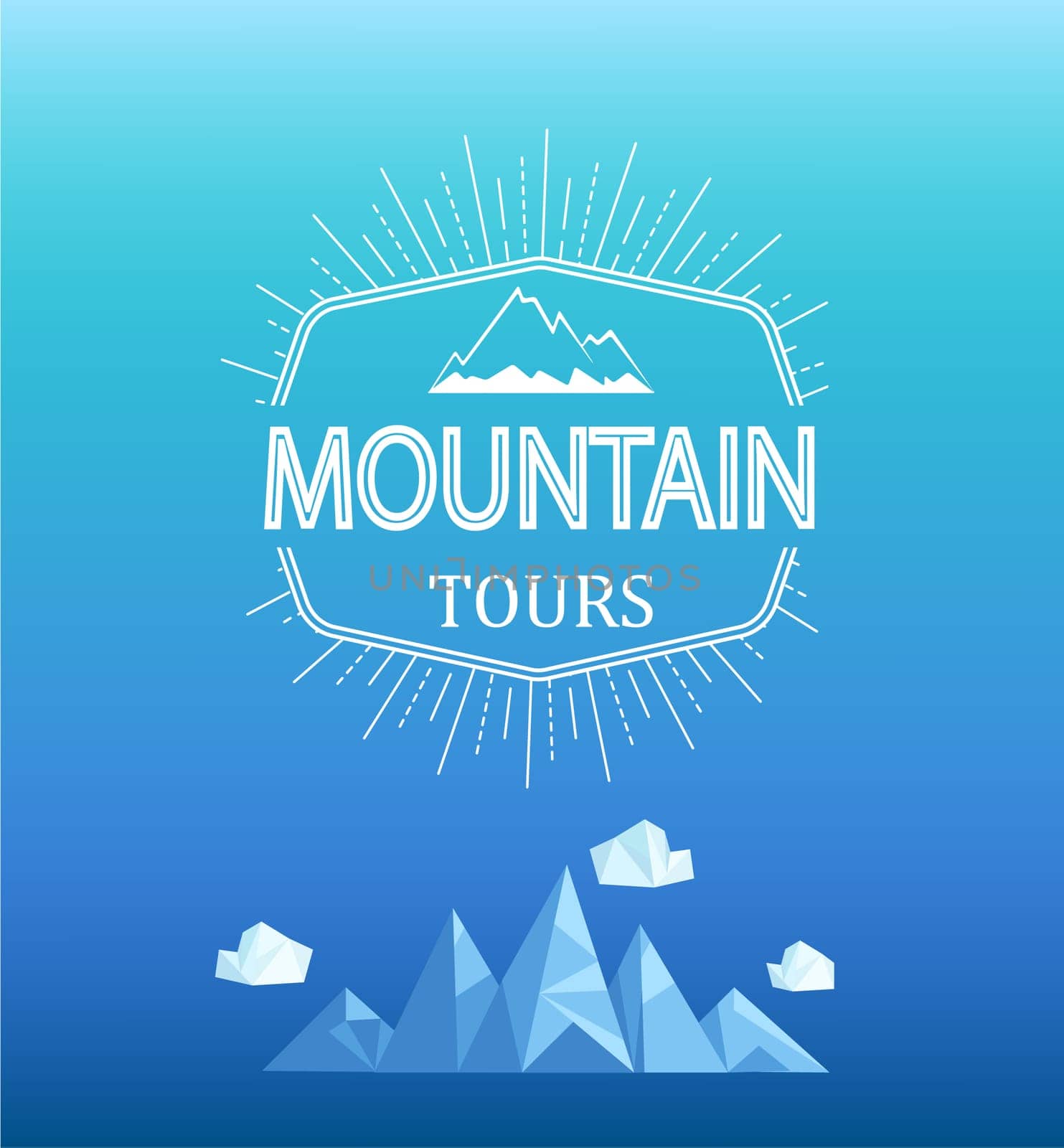 Vector mountain emblem in outline style. Geometric mountain and clouds in polygon style.