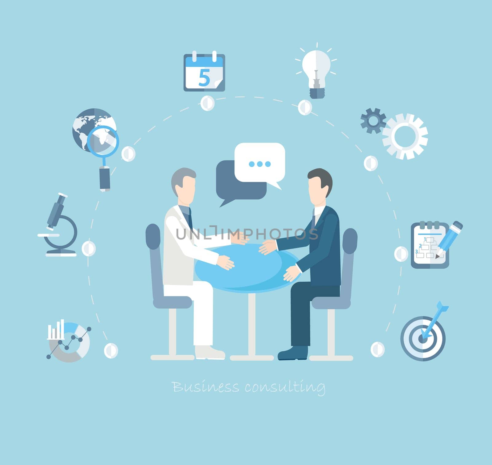 Flat design vector concepts for business, finance, strategic management, investment, natural resources, consulting, teamwork, great idea. Businessmen conduct negotiations at a table.