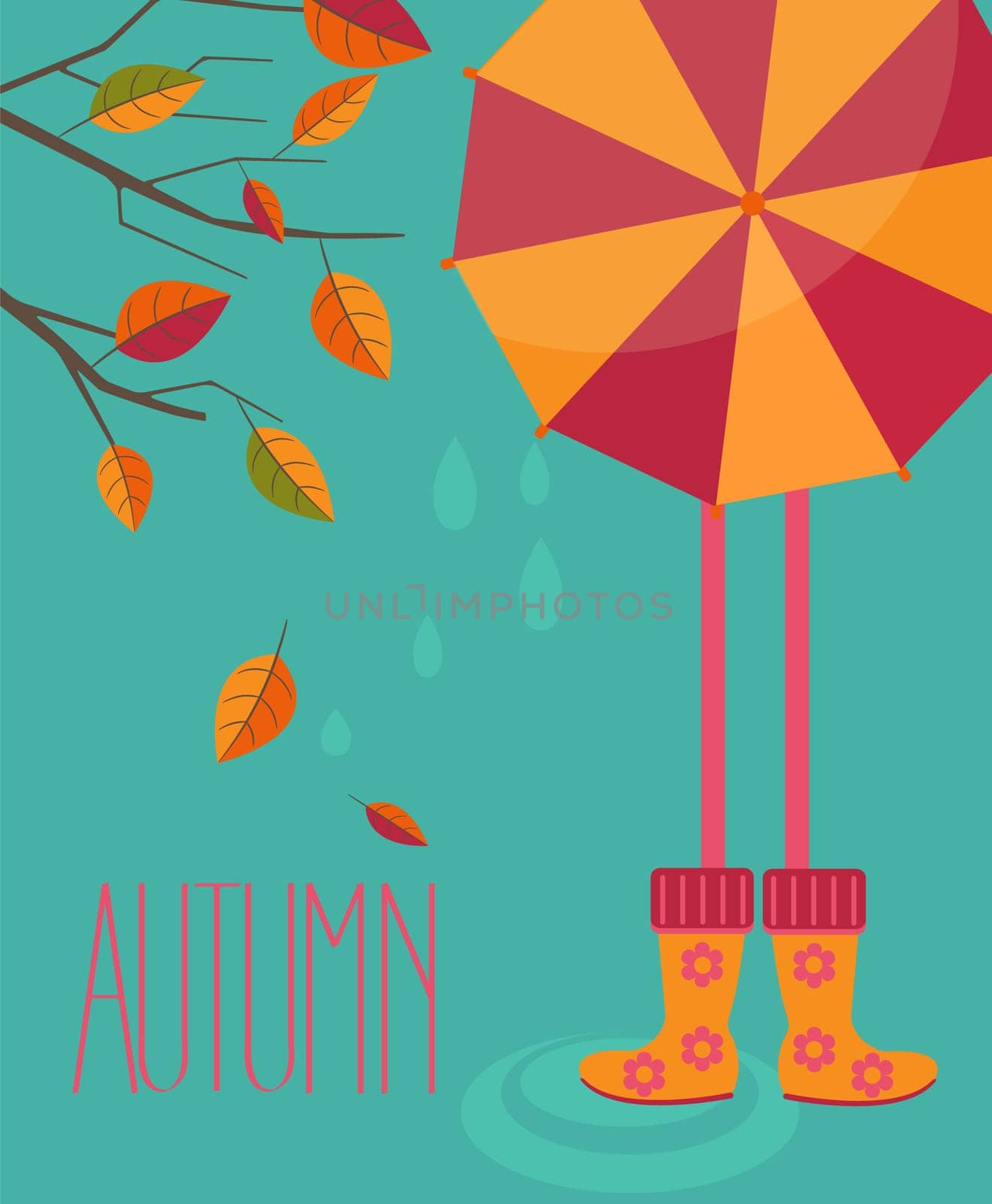 Vector illustration of a autumn season in flat style - tree with leafs and girl with a bright umbrella and boots with the inscription made by hand the Autumn.