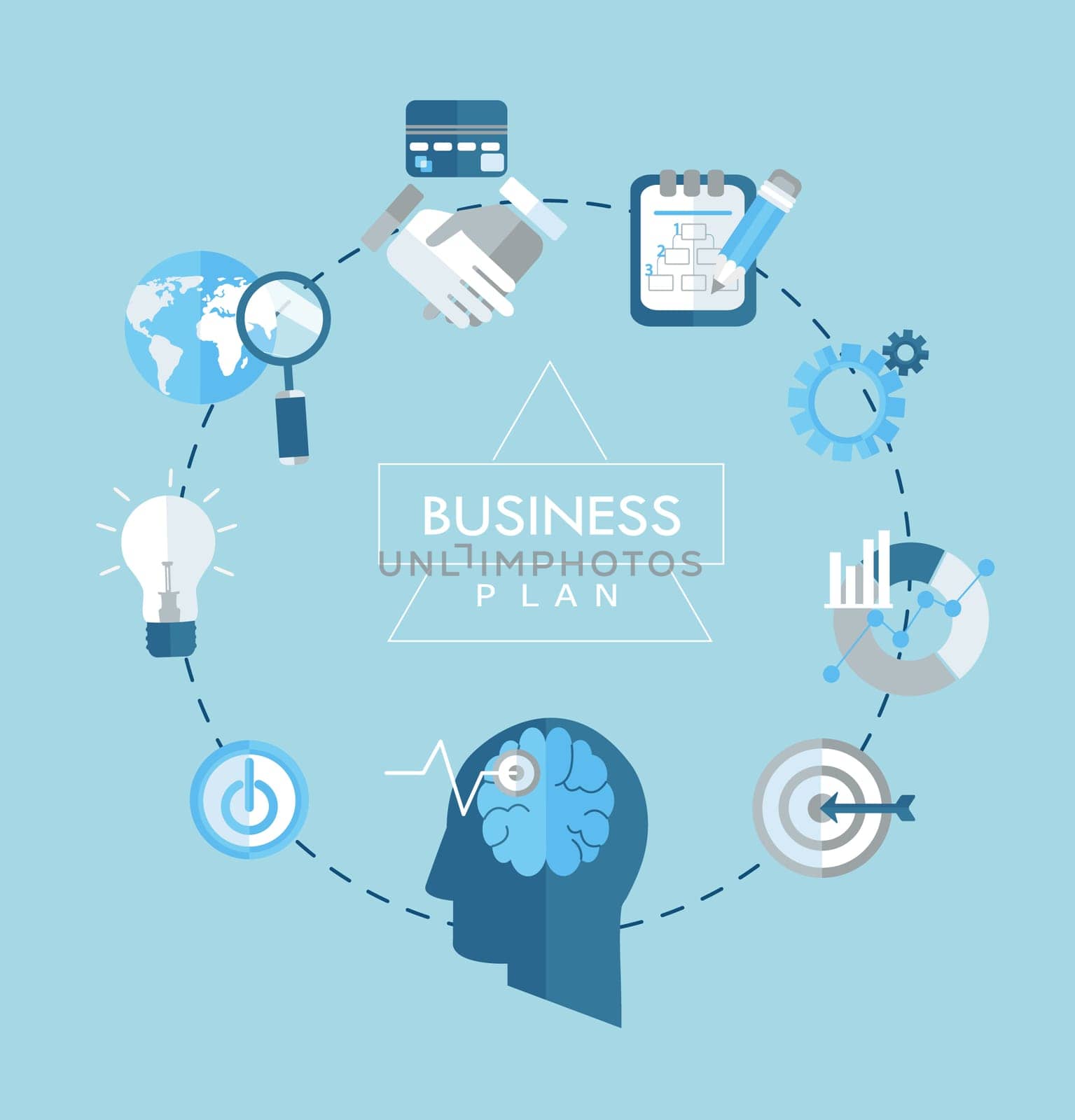Business plan concept flat icons illustration. Vector emblem in outline style