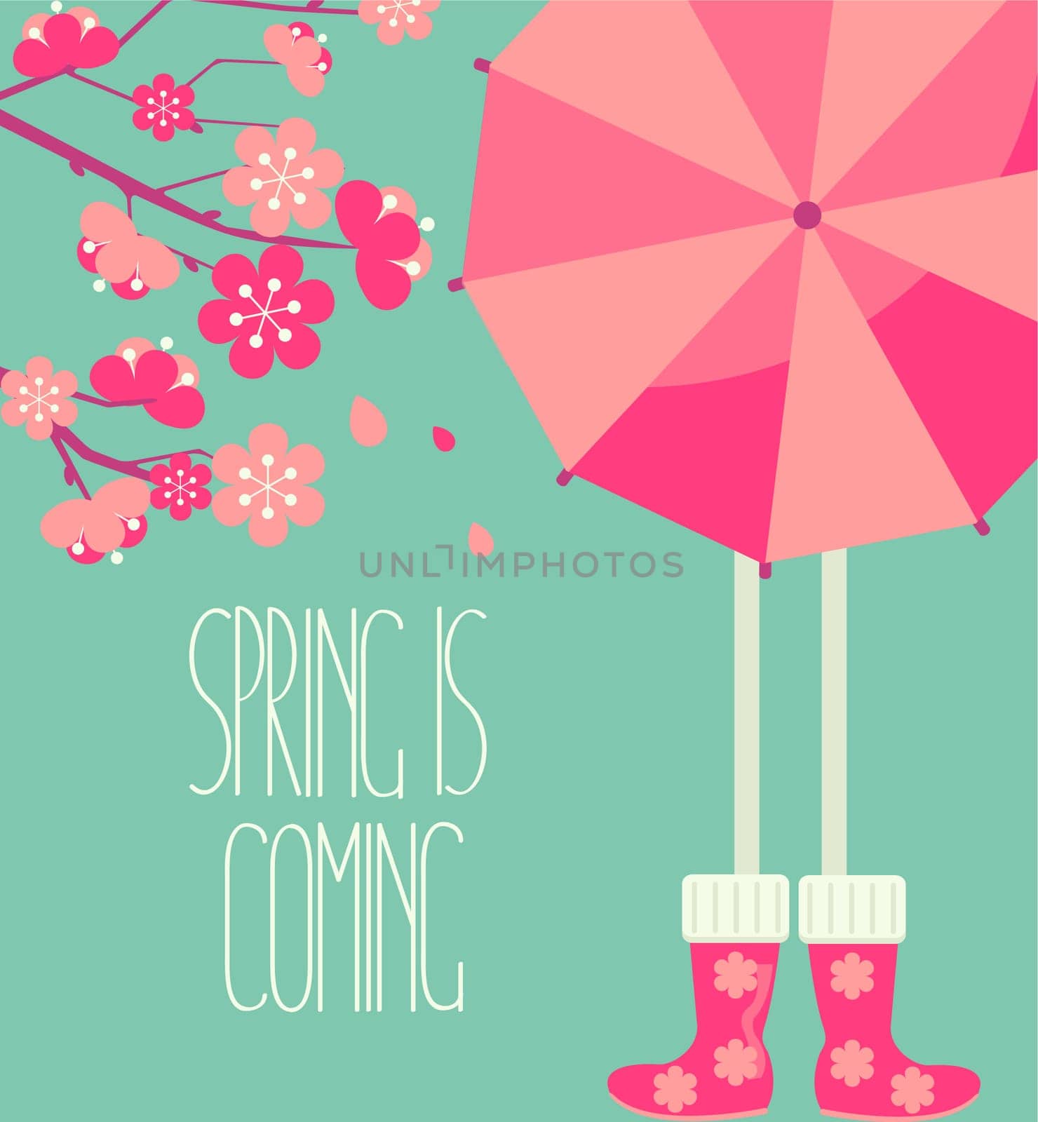 Vector illustration of a spring season in flat style - cherry blossoms and people with a bright umbrella and boots with the inscription made by hand the Spring is coming.