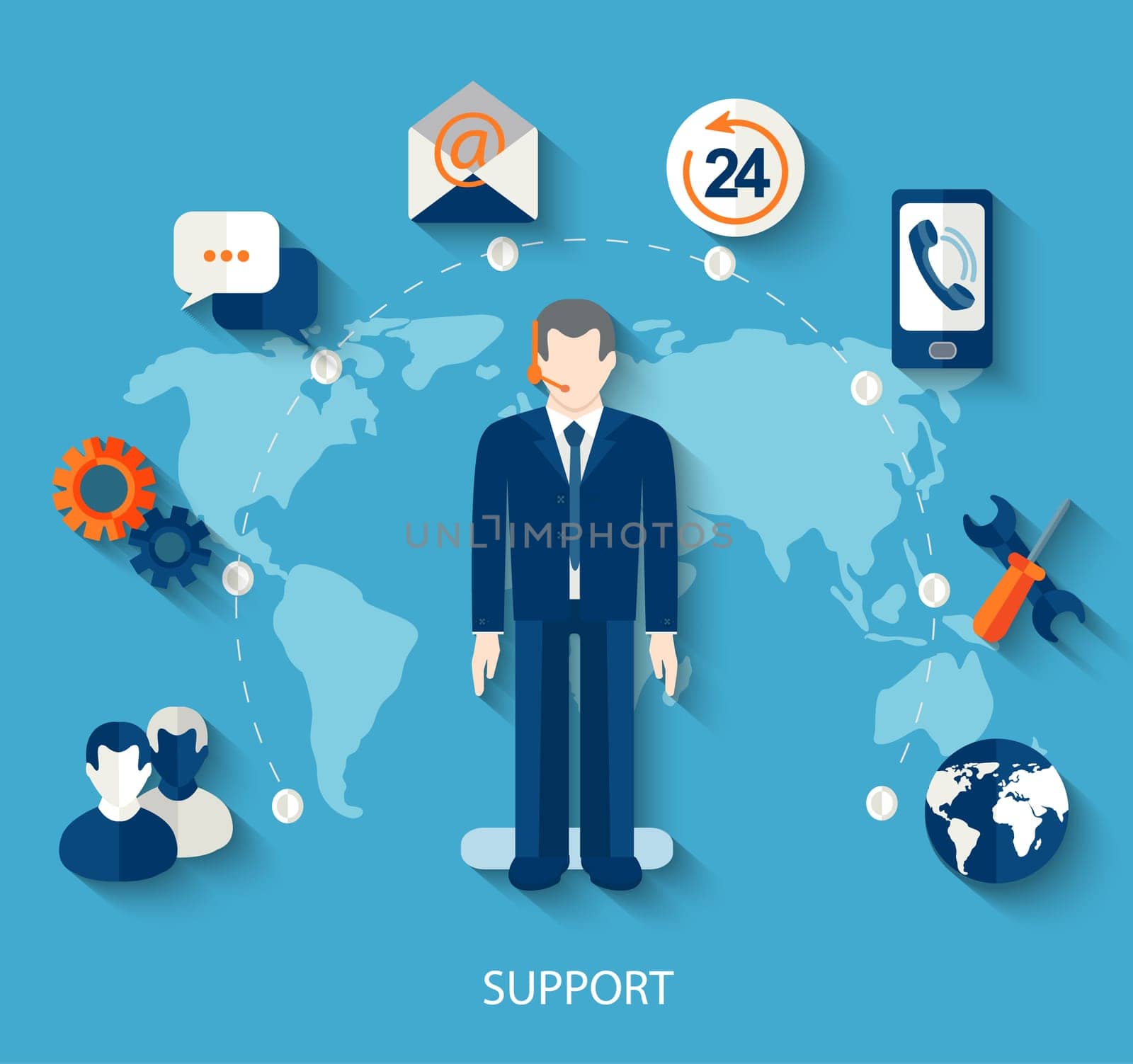 Modern vector illustration icons set in flat style of technical support with long shadow. Man with icons. Vector.