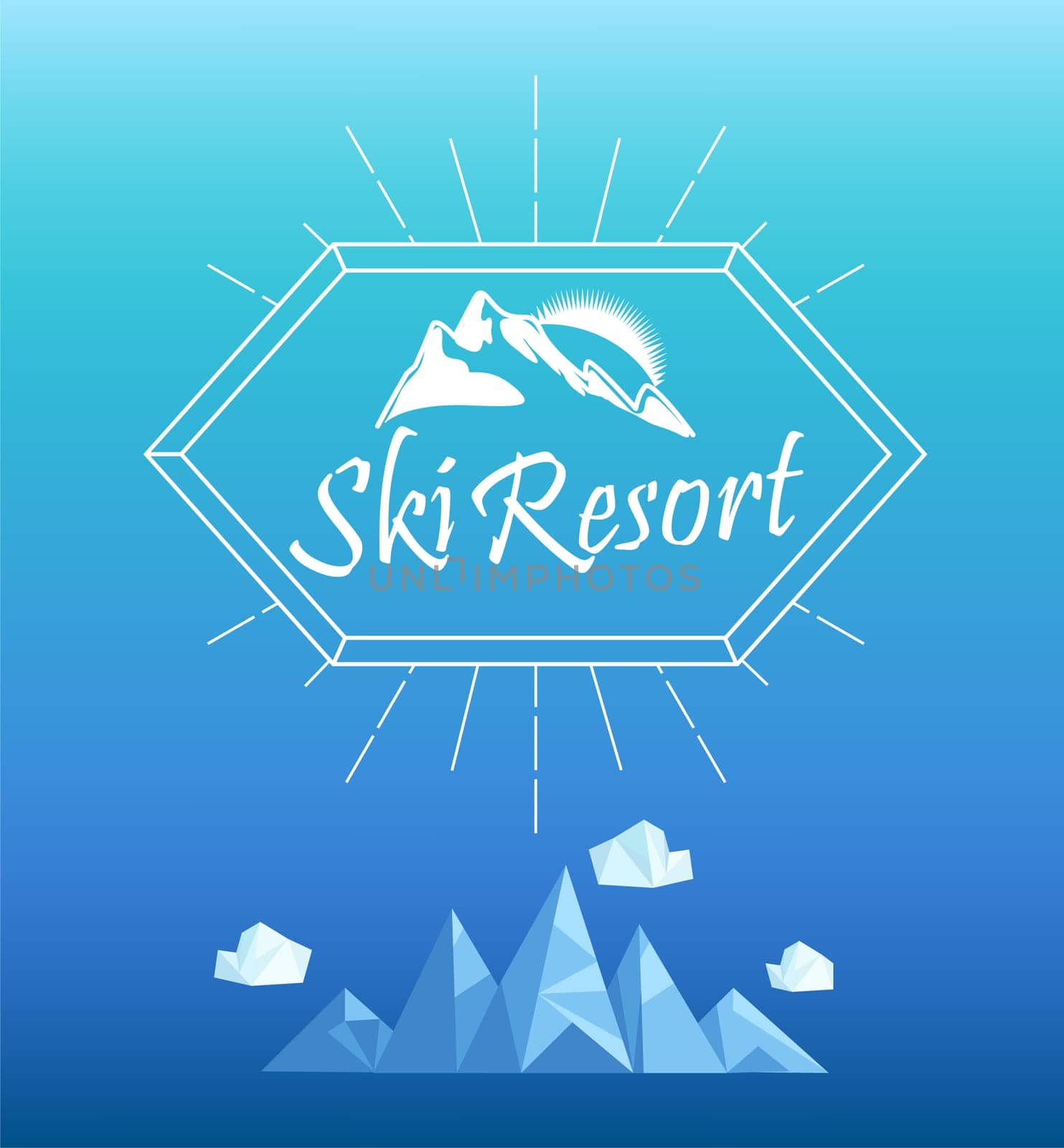 Vector mountain emblem in outline style. Geometric crystal mountain and clouds.