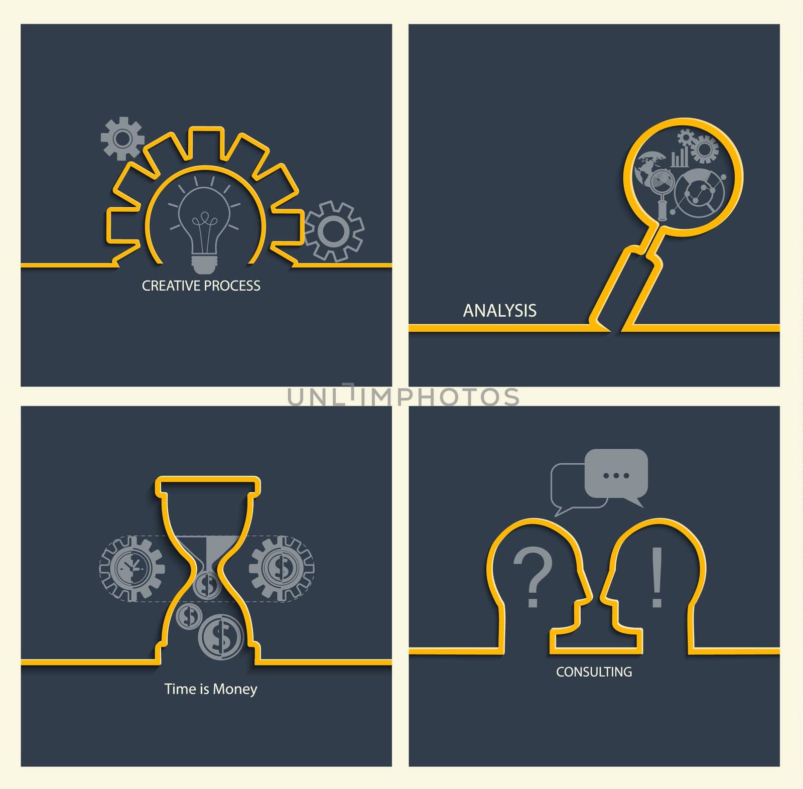 Set of business concepts - time is money, consulting and idea, support, vector illustration.