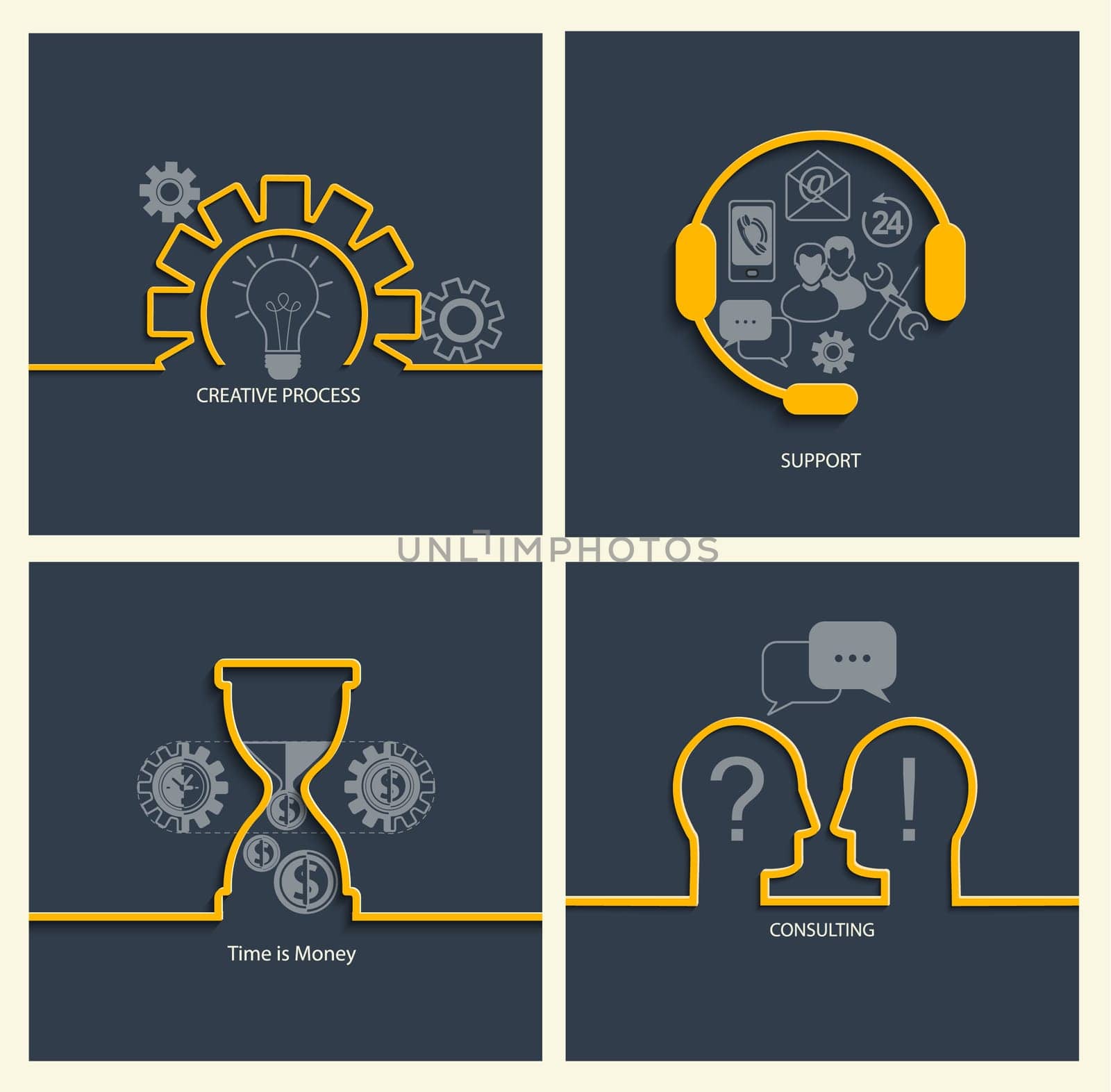 Set of business concepts: time is money, consulting, support and teamwork, vector illustration.