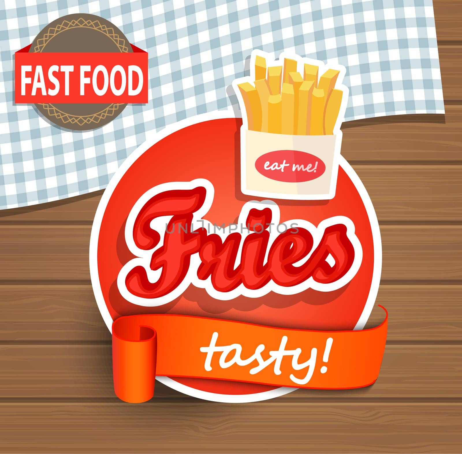 Fries Label or Sticer on the wood background - Design Template. Vector illustration.