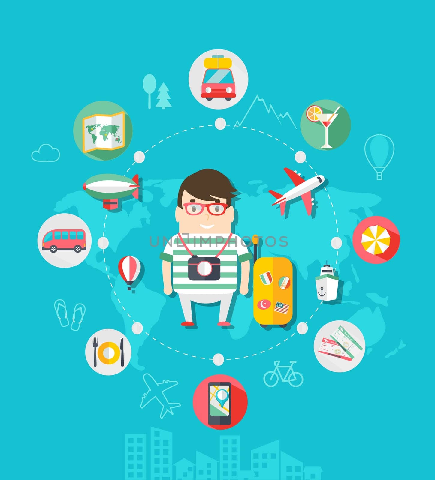 Bright modern vector illustration icons set in flat style of traveling, planning vacation. Flat desing style. Vector.