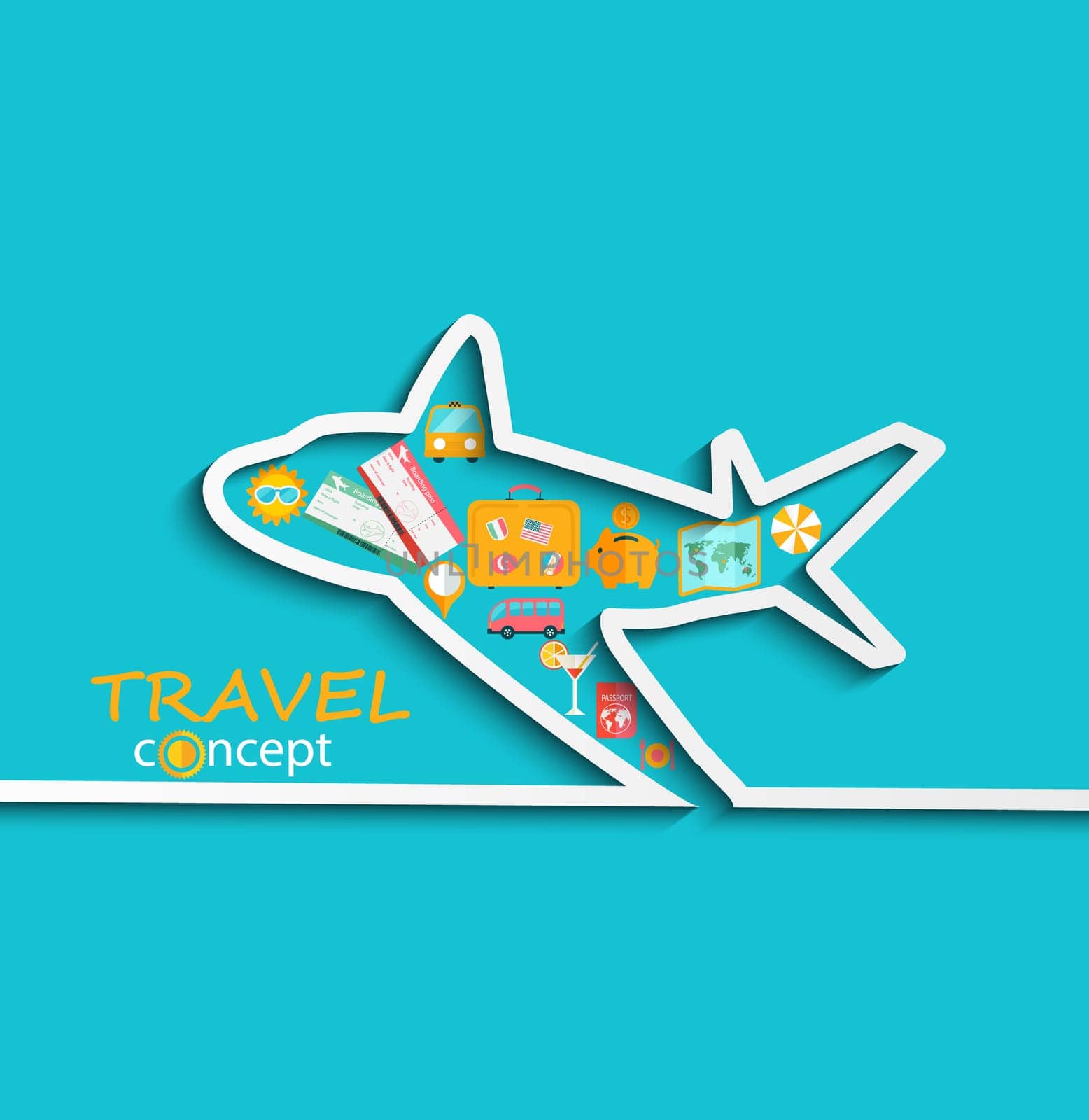 Concept of the travel - path of the aircraft in paper style with shadow and with flat icons of a bright sky-blue background , vector.
