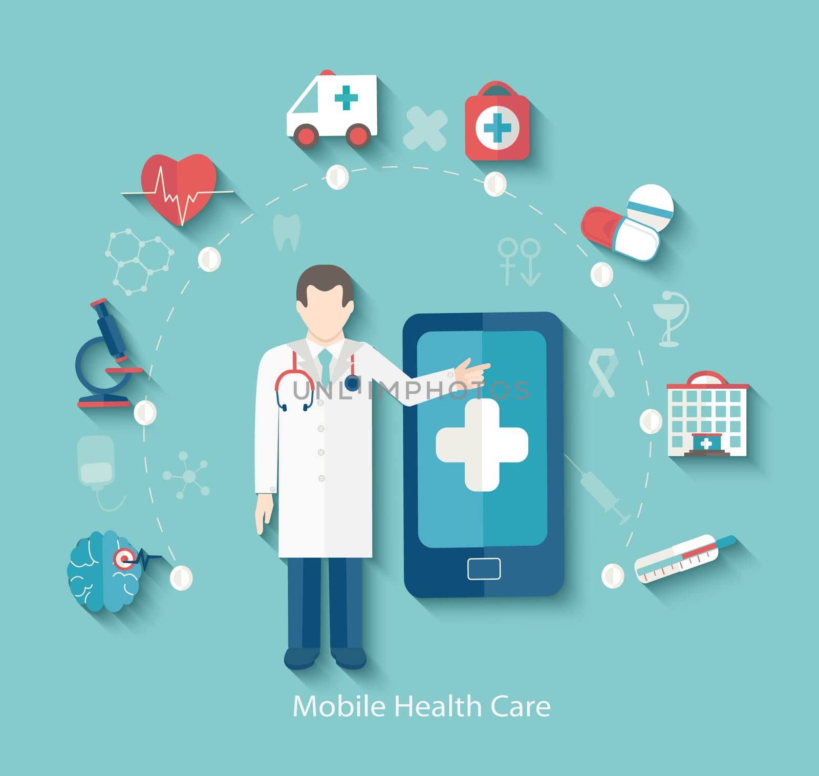 Set of flat design concept icons for web and mobile phone. Medical concept, infographic in flat style with doctor, vector.