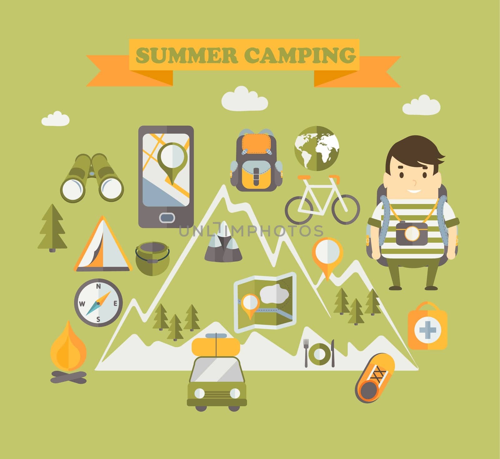 Summer Holiday and Travel poster in flat style, vector illustration.