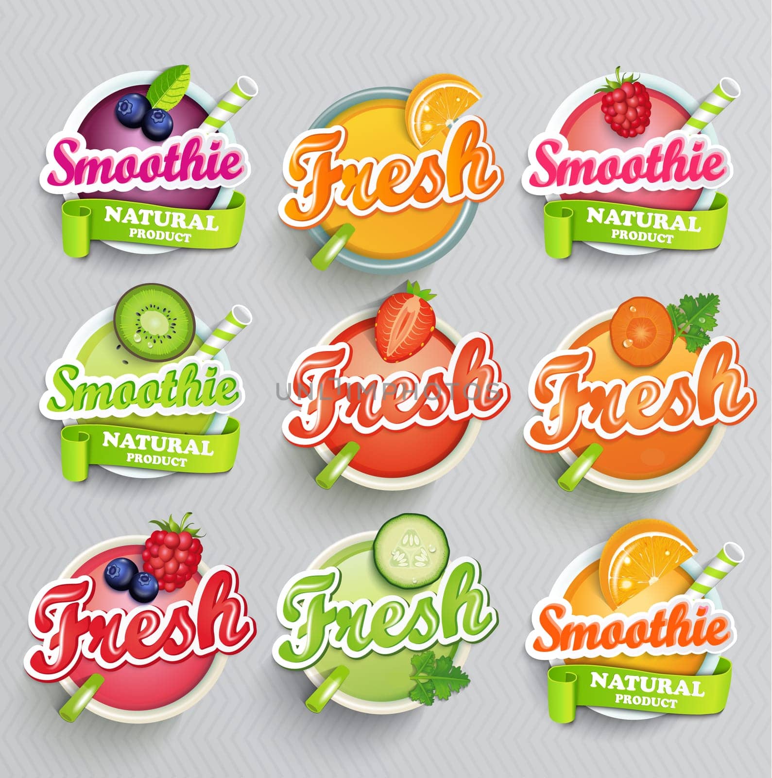 Set sticers smoothie with ribbon and freshes grapefruit and carrot, cucumber and raspberries, blueberries and strawberries, kiwi and orange, lime. Vector.