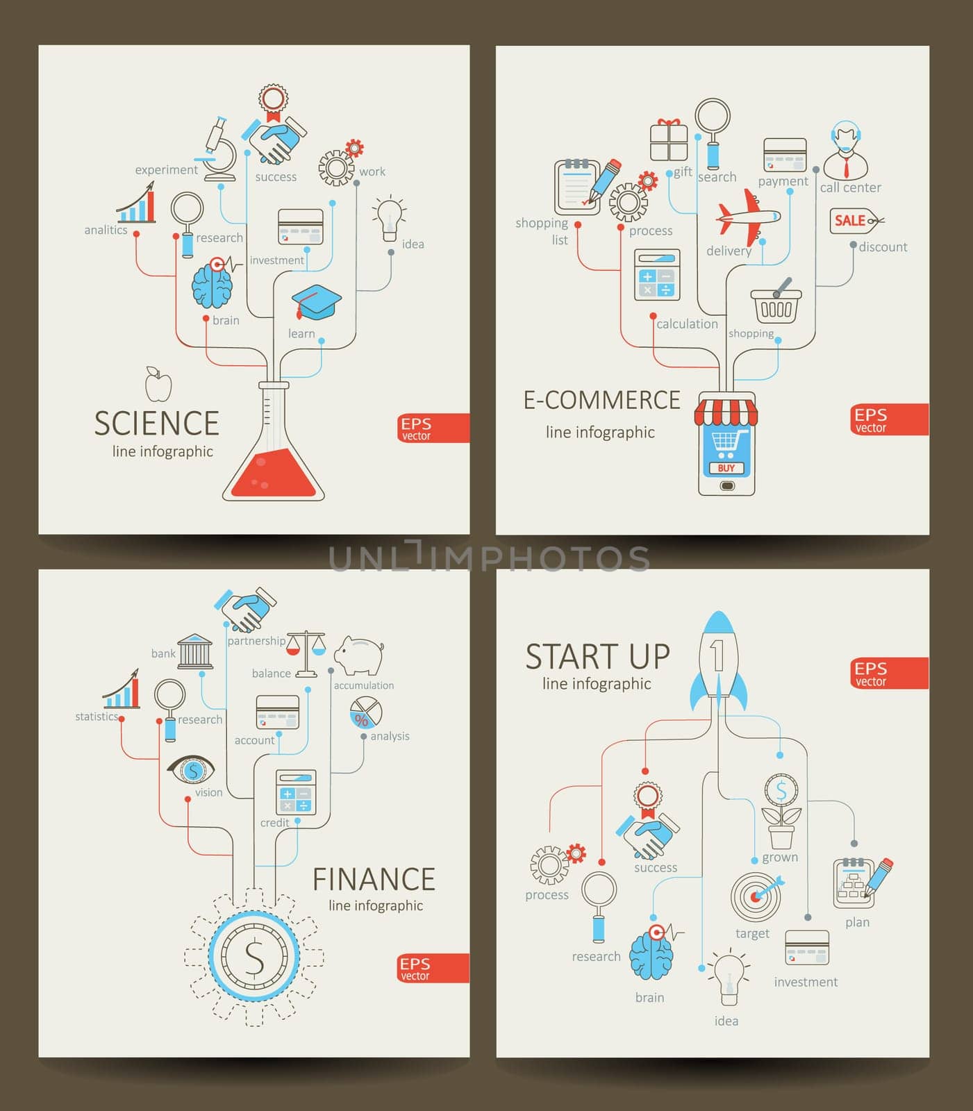 Vector flat linear Infographic startup, finance, e-commerce, science concept in flat style - signs and banner - new business. Outline concept.