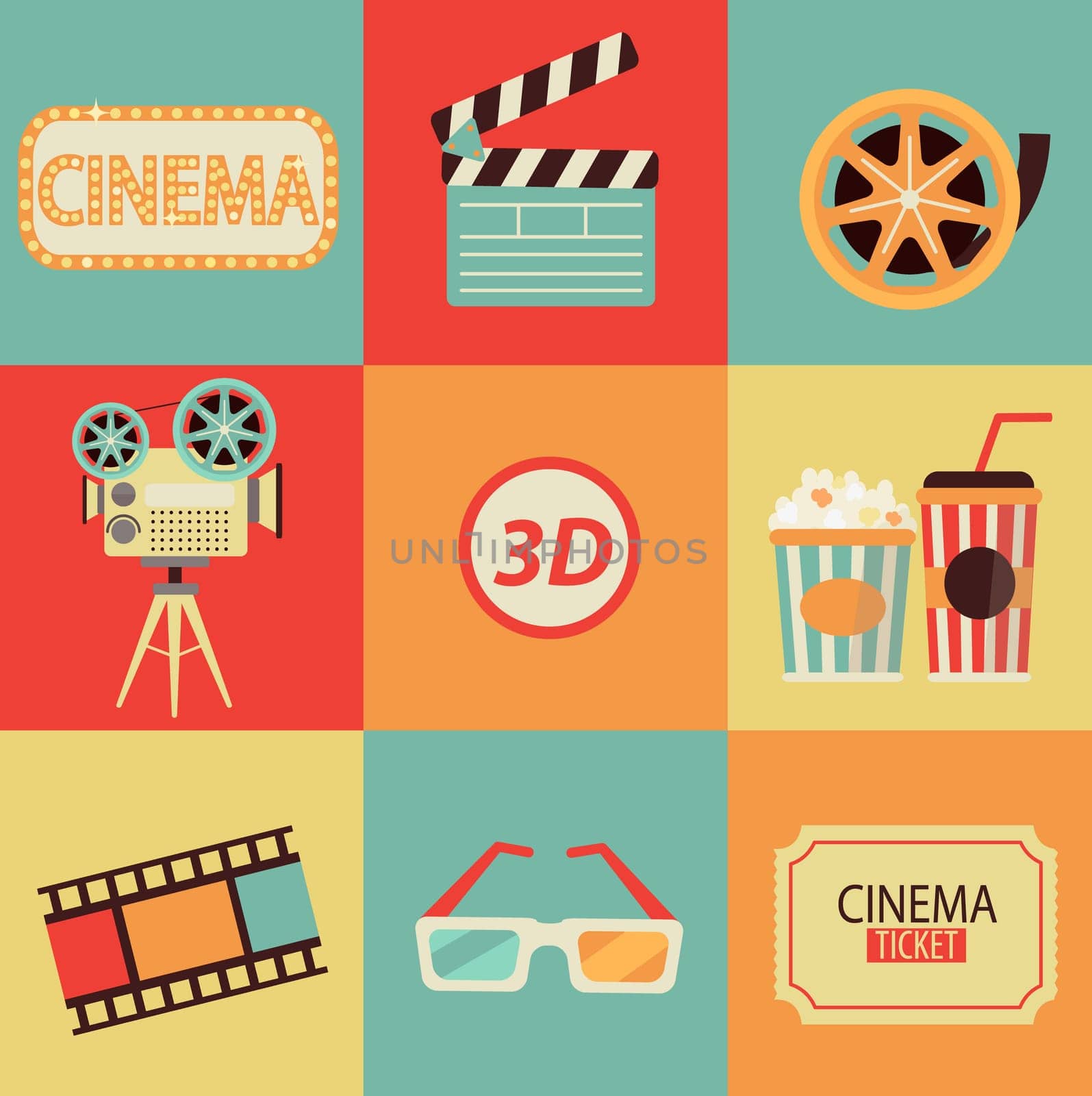 Set of movie design elements and cinema icons in flat style. Vector.