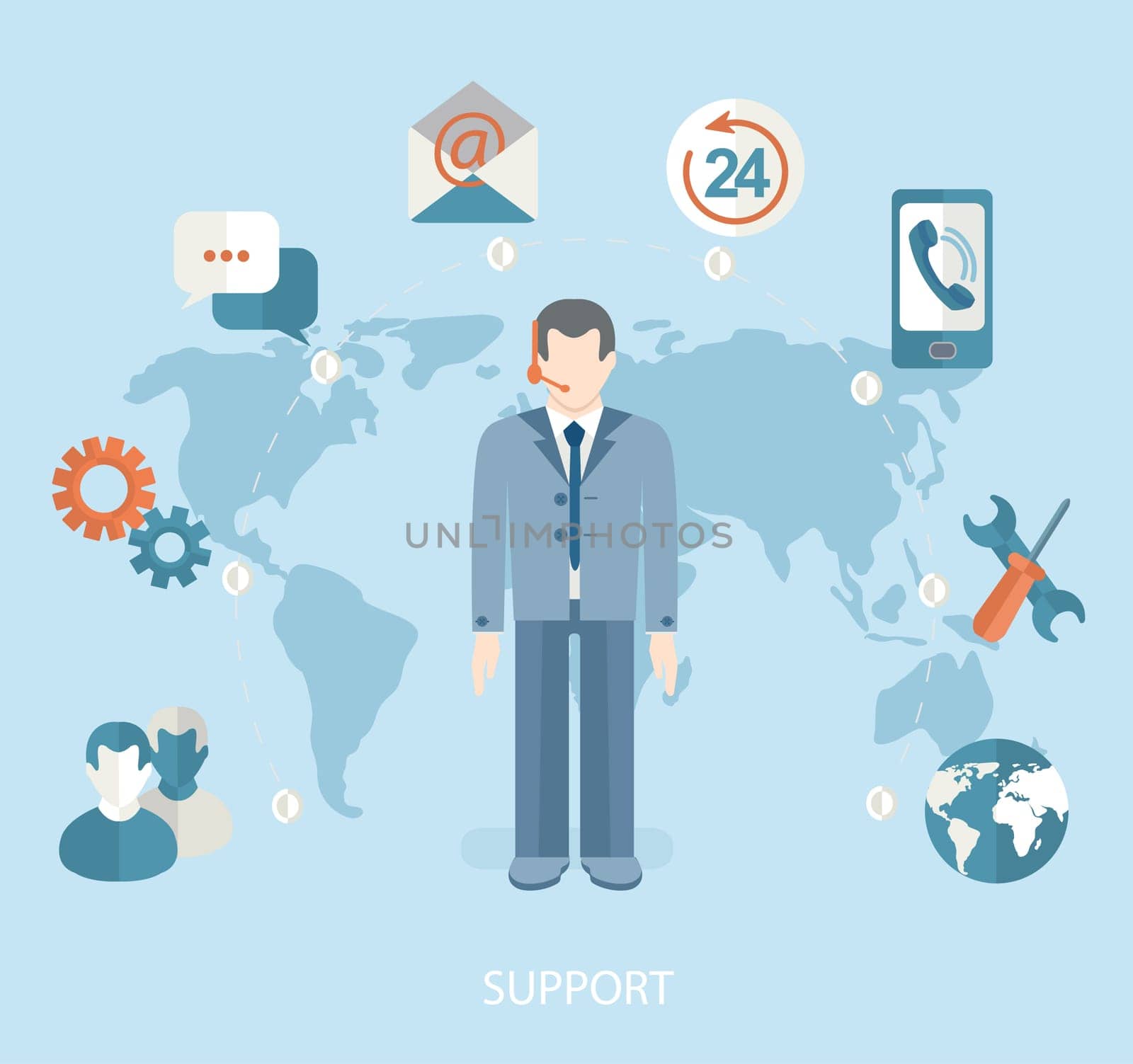 Modern vector illustration icons set in flat style of technical support with long shadow. Man with icons. Vector.
