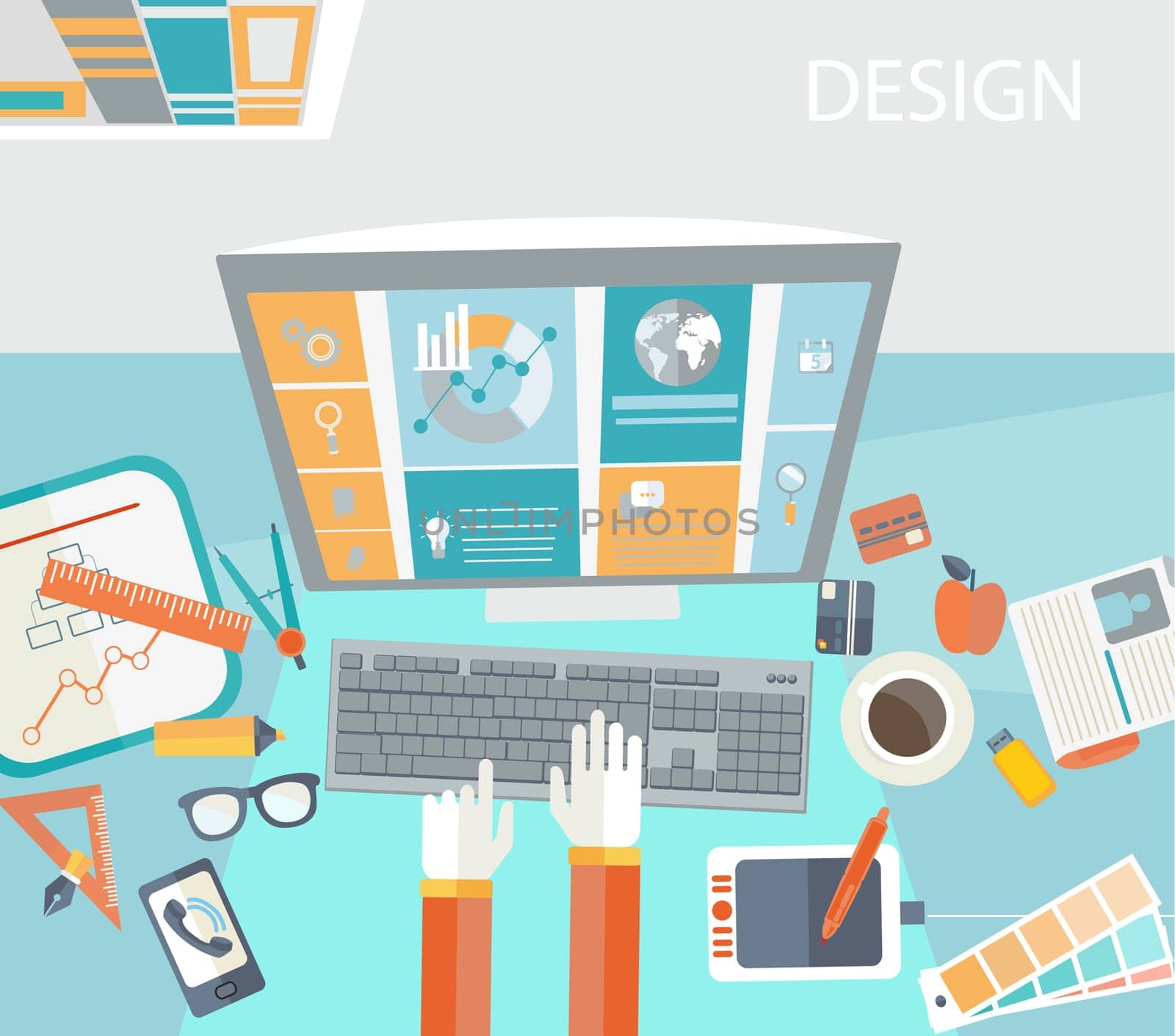 Flat modern design vector concept of creative office workspace, workplace.