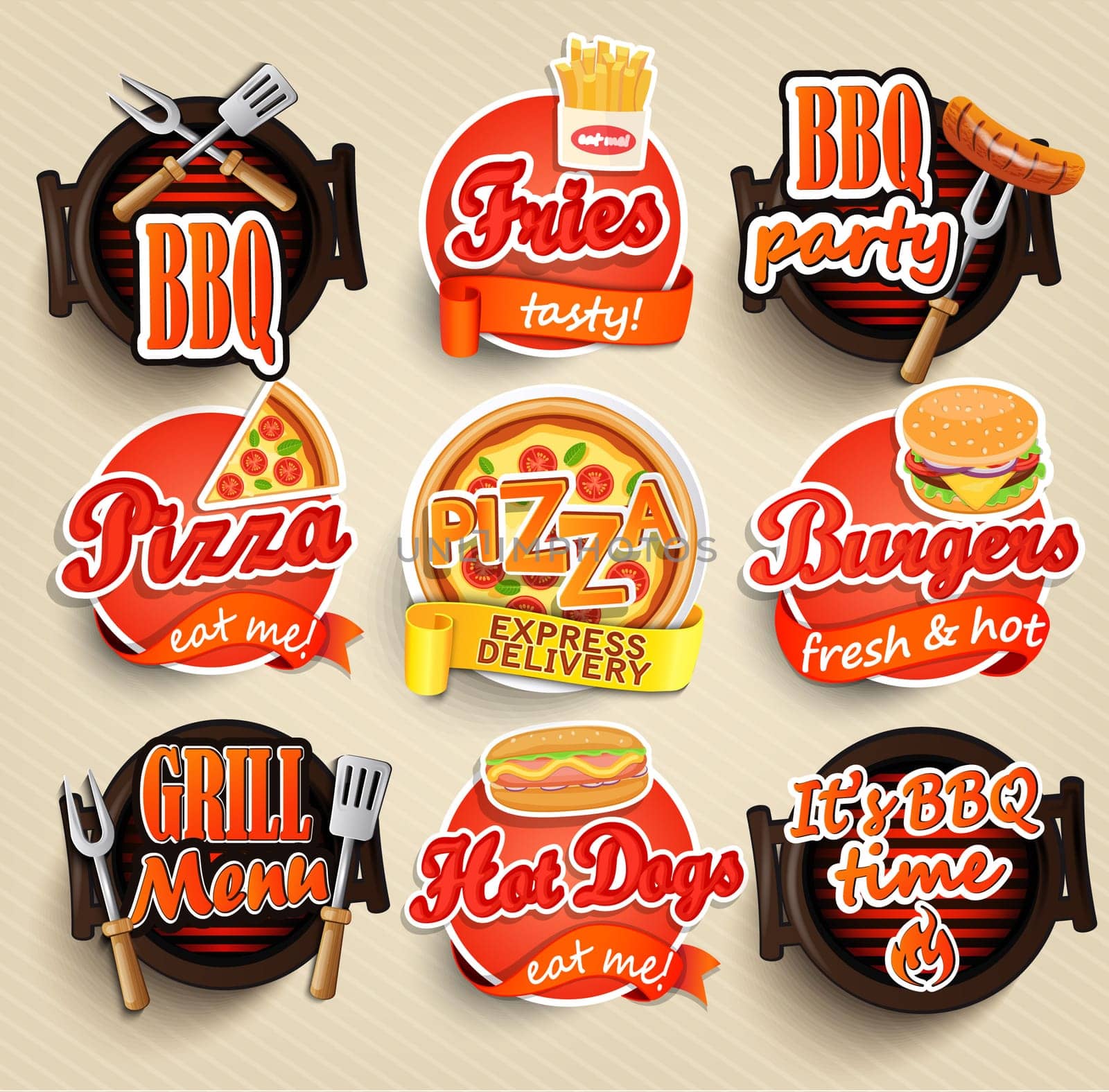 Fast food and BBQ Grill elements, Typographical Design Label or Sticer - burgers, pizza, hot dog, fries - Design Template. Vector illustration.