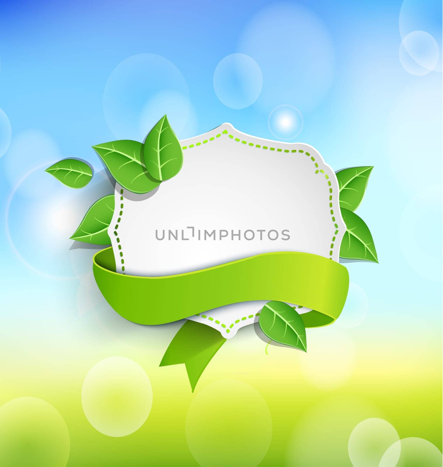 Vintage frame wit green ribbon against the background paper leaves and spring bokeh background. Vector illustration.