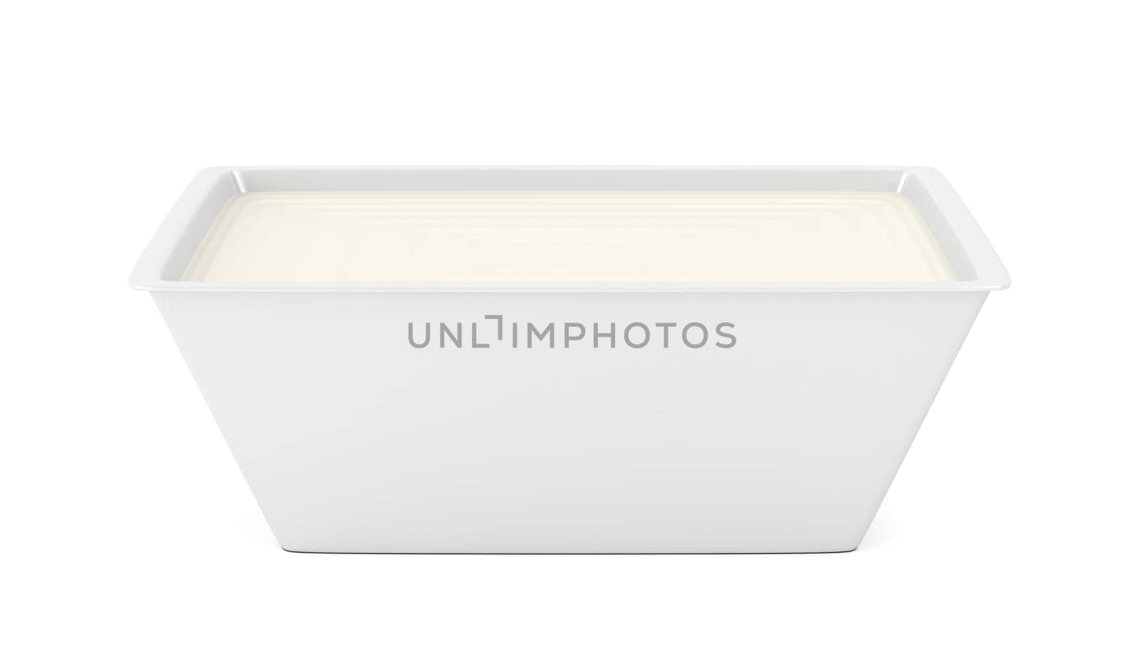 Margarine in open plastic packaging on white background
