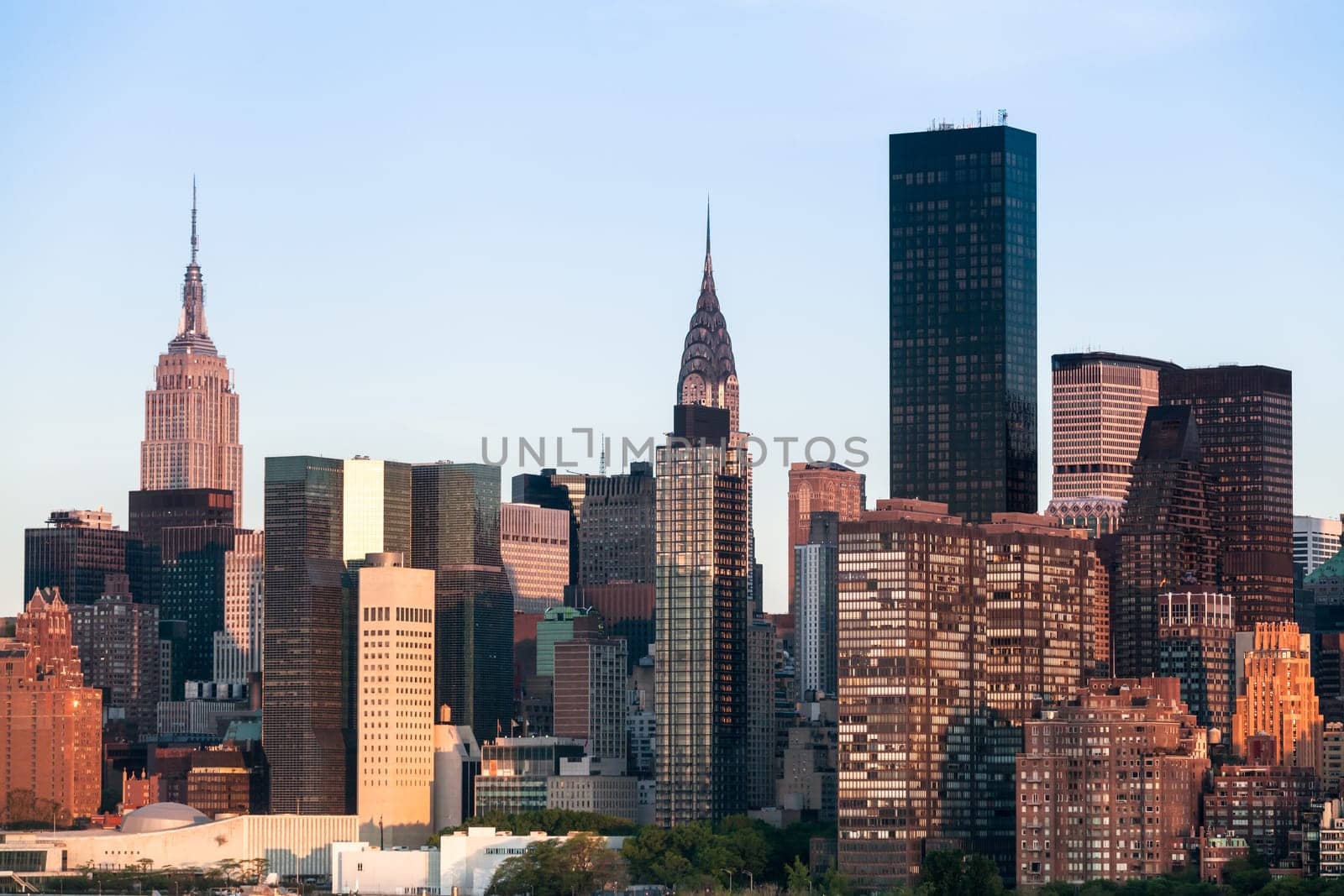 New York City Manhattan Midtown cityscape with cloudless clear sky during sunny spring day in NYC, USA.