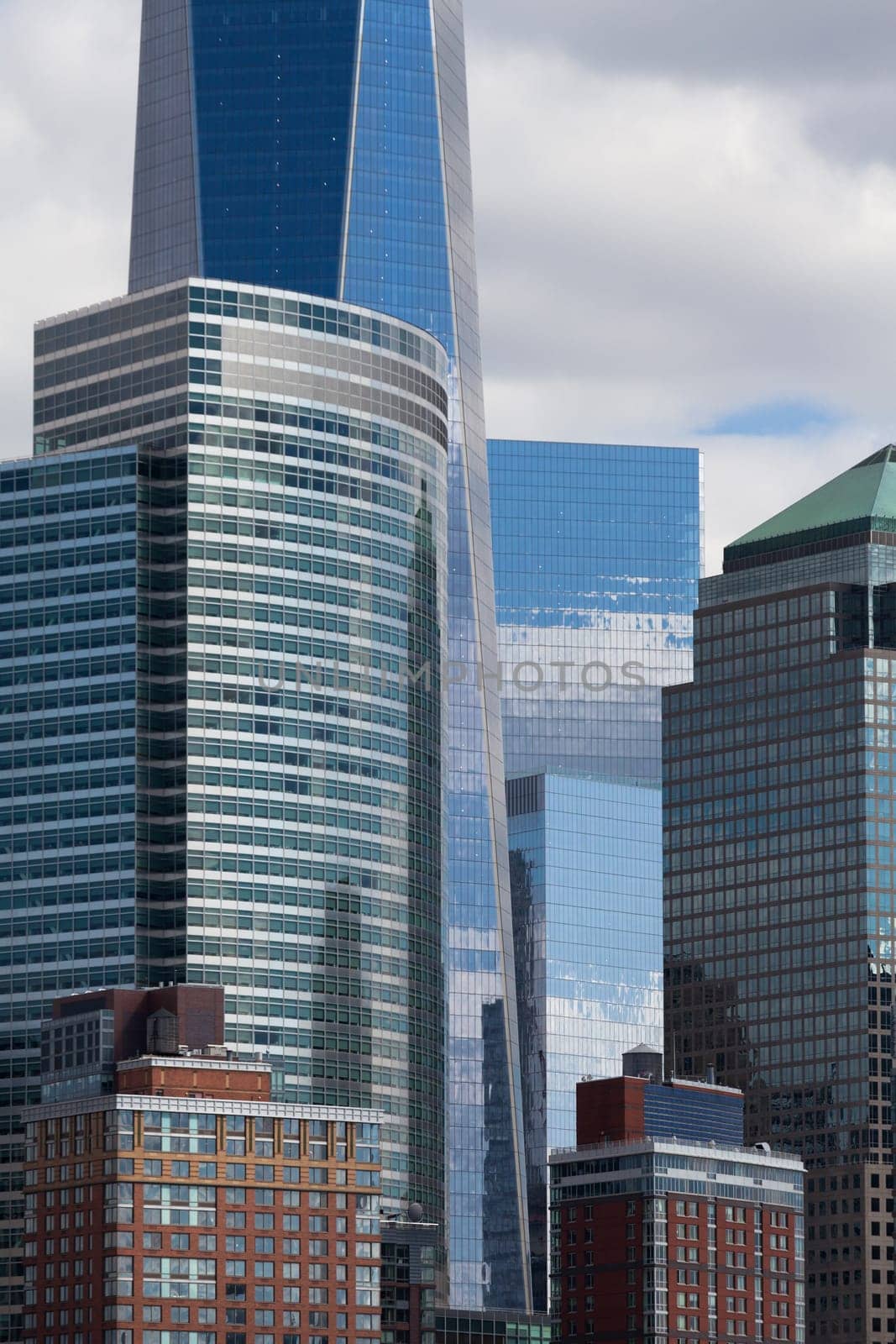 Detail of business buildings and modern skyscrapers in Manhattan, New York City.