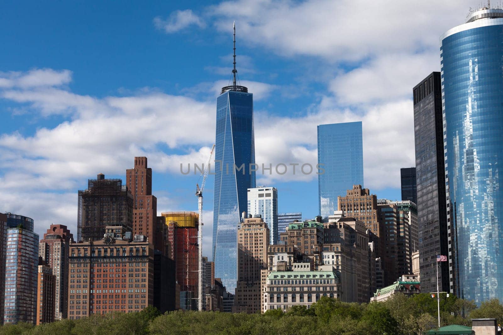 New York City Lower Manhattan skyline and architecture detail during sunny spring day in NYC, USA.