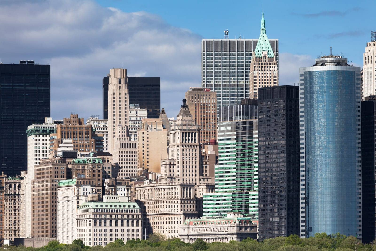 New York City Lower Manhattan cityscape and architecture detail during sunny spring day in NYC, USA.