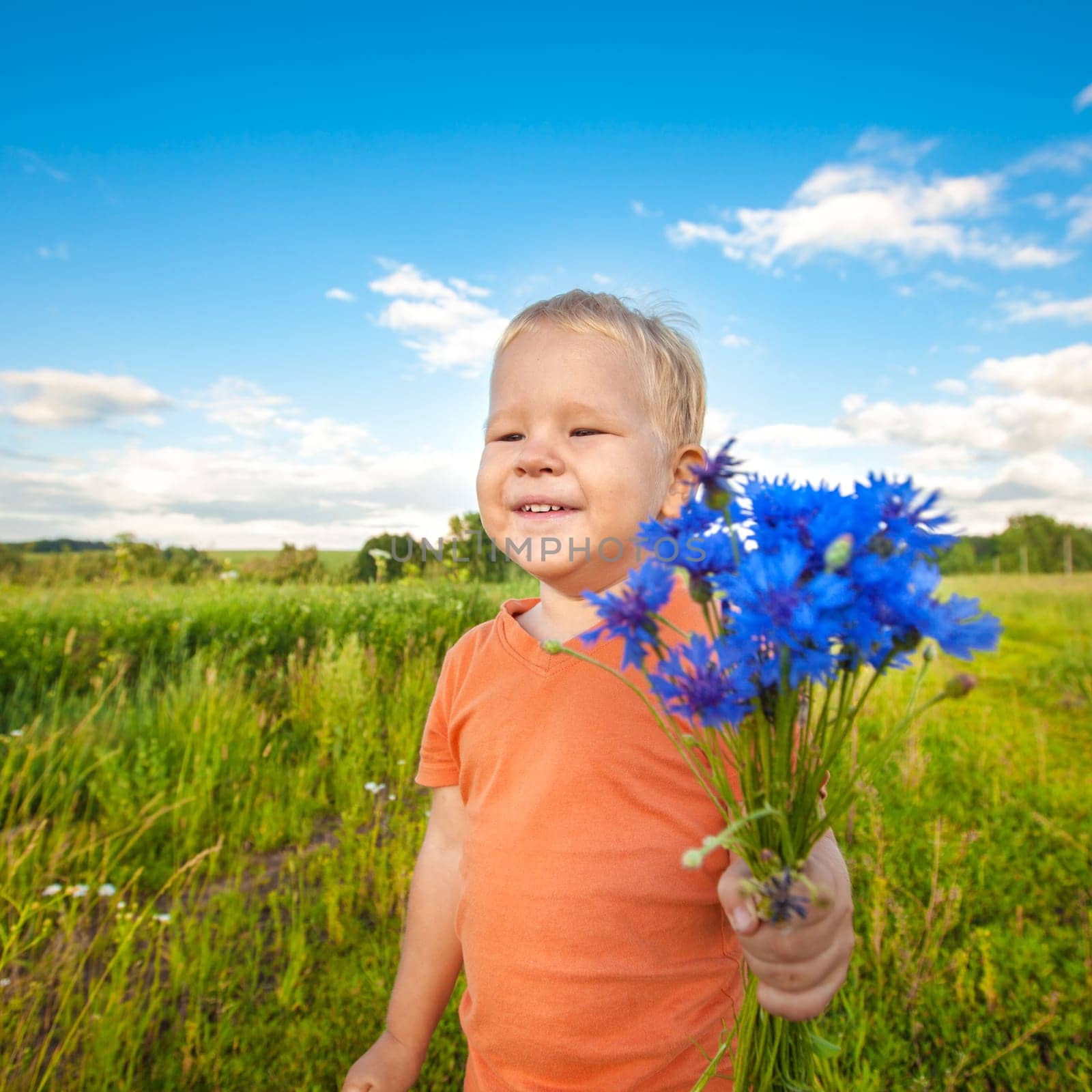 Adorable boy with cornflowers outdoor laughing