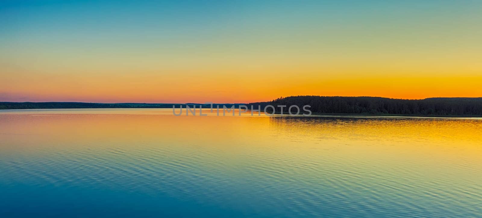 Sunset over the river. Amazing landscape. Panorama