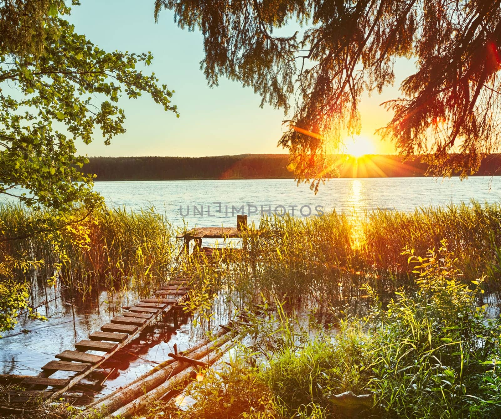 Sunset over the river. Amazing landscape.