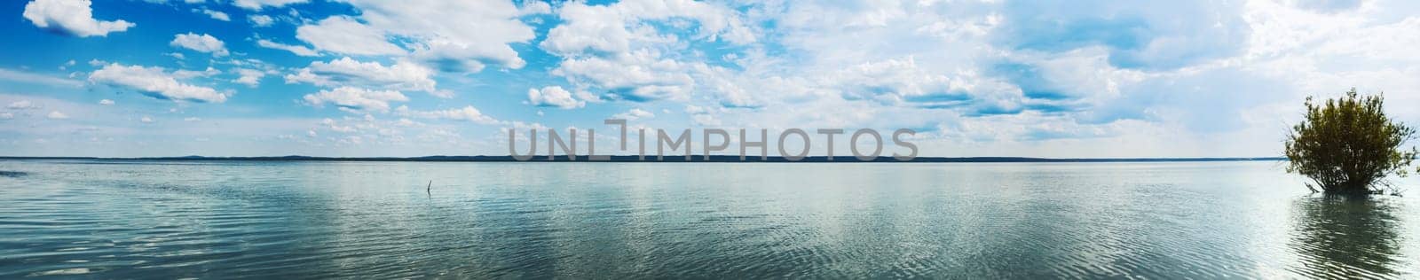 Panoramic view of the Kama river at summer sunny day. Panorama