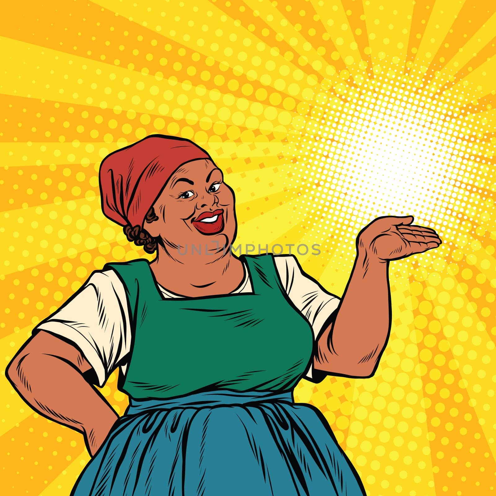 Retro woman African-American gesture promo, pop art retro vector illustration