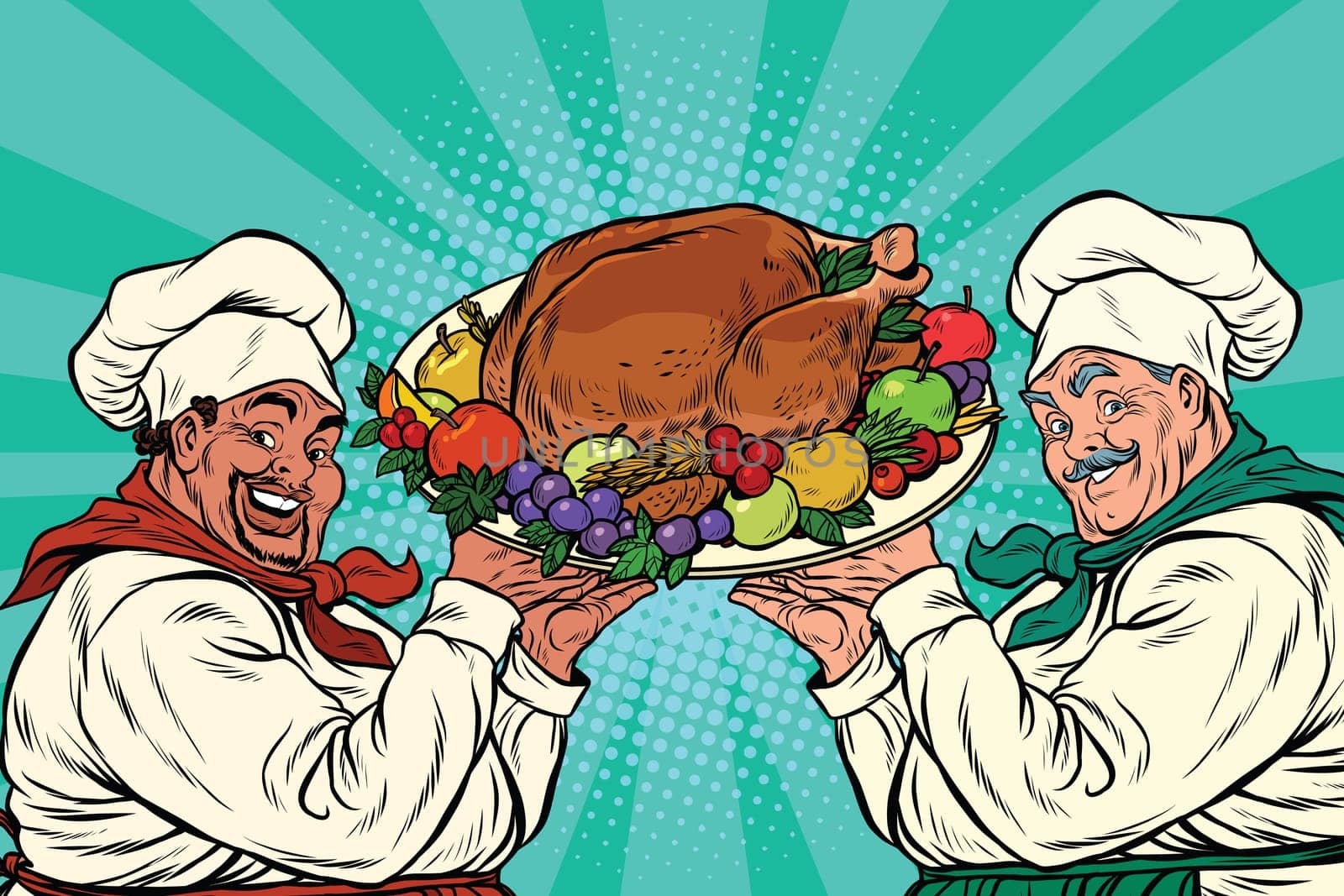 multi-ethnic chefs with roast Turkey, pop art retro vector illustration. Thanksgiving or Christmas dinner